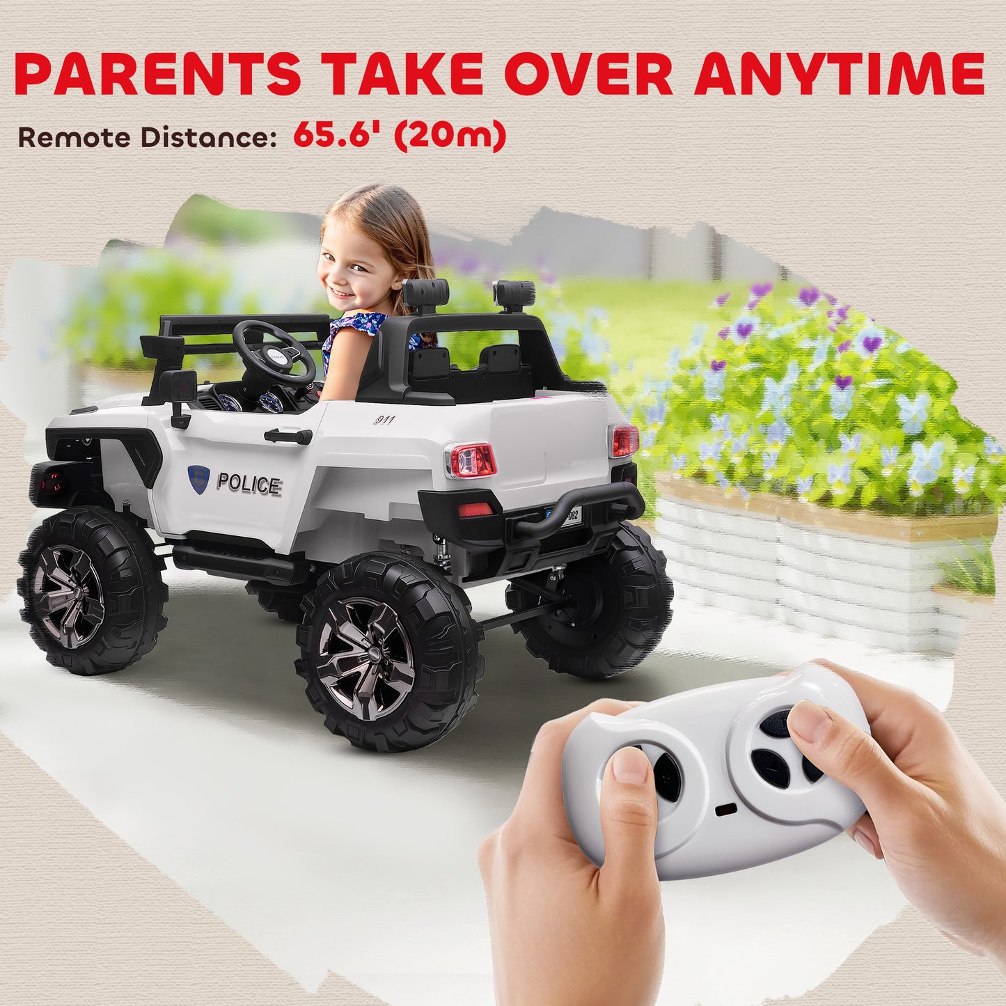 Aosom Kids Ride-On Car 12V RC 2-Seater Police Truck Electric Car For Kids with Full LED Lights, MP3, Parental Remote Control (White)
