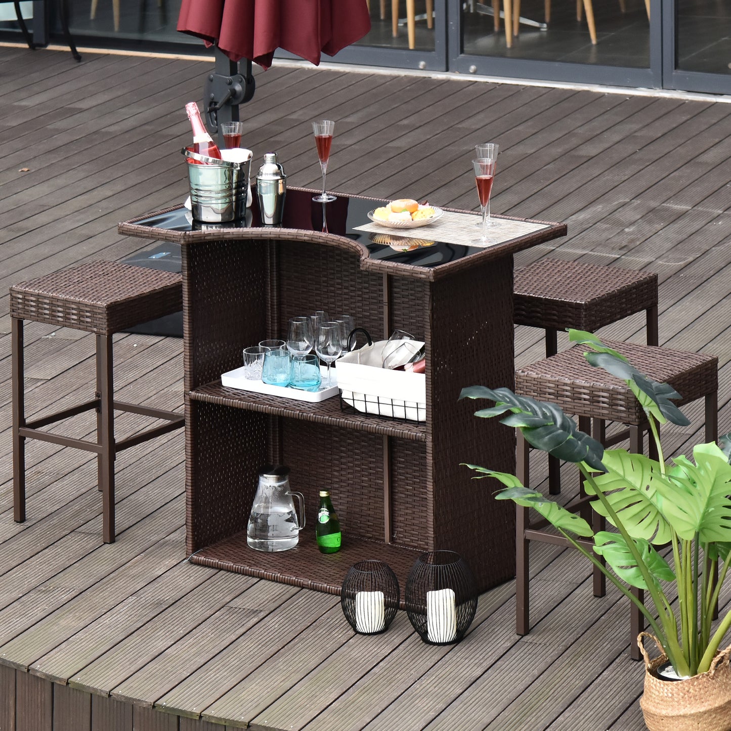 Outsunny 5 Pieces Patio Bar Set, Outdoor PE Rattan Wicker High Top Outdoor Table and Chairs Outdoor Bar Set with Tempered Glass Top Bar Table and Shelves, 4 Bar Chairs, Dark Brown