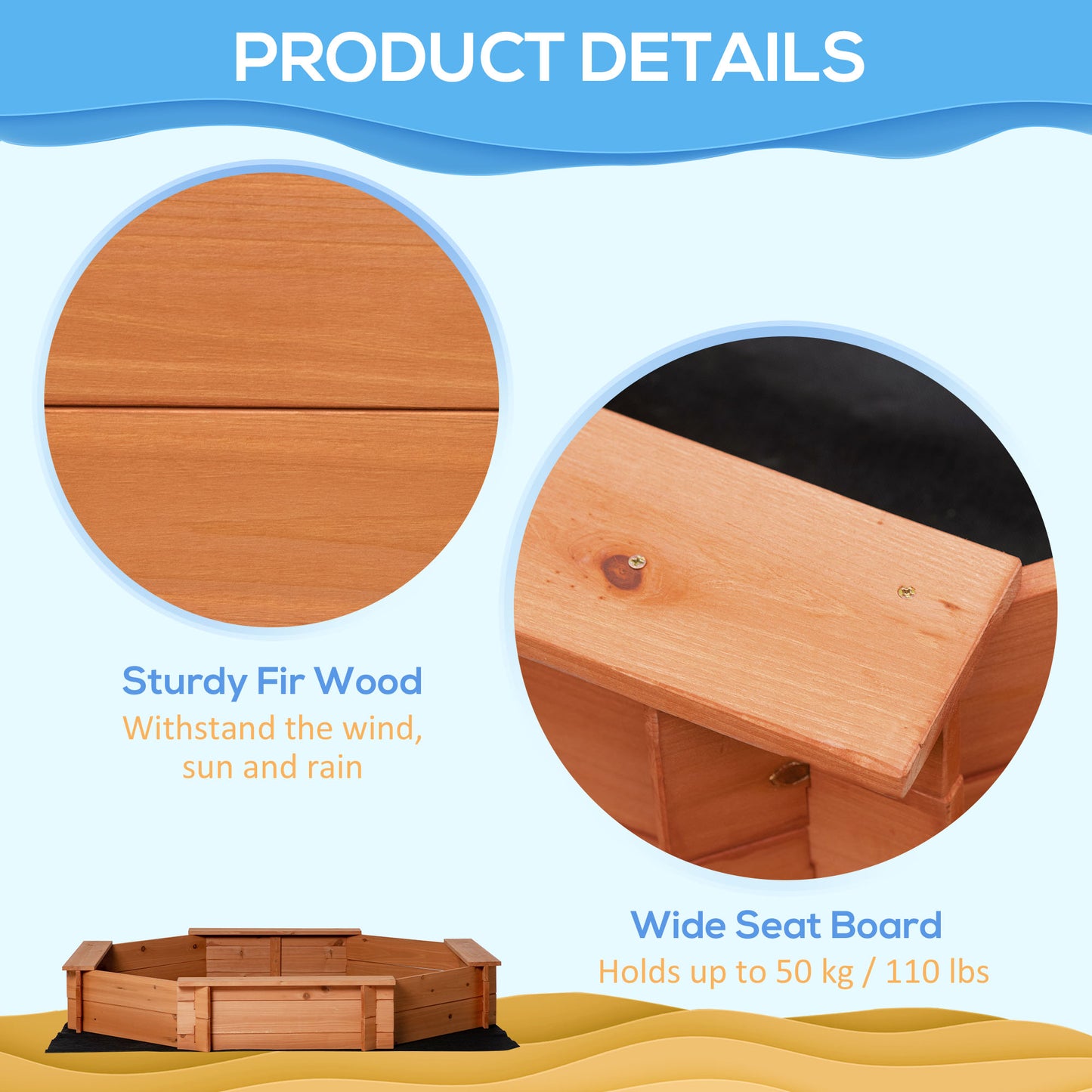 Outsunny Kids Sandbox with Cover and Seat, Outdoor Children Sand Playset for Backyard, Boys and Girls, Red, 55" x 55" x 8.5"