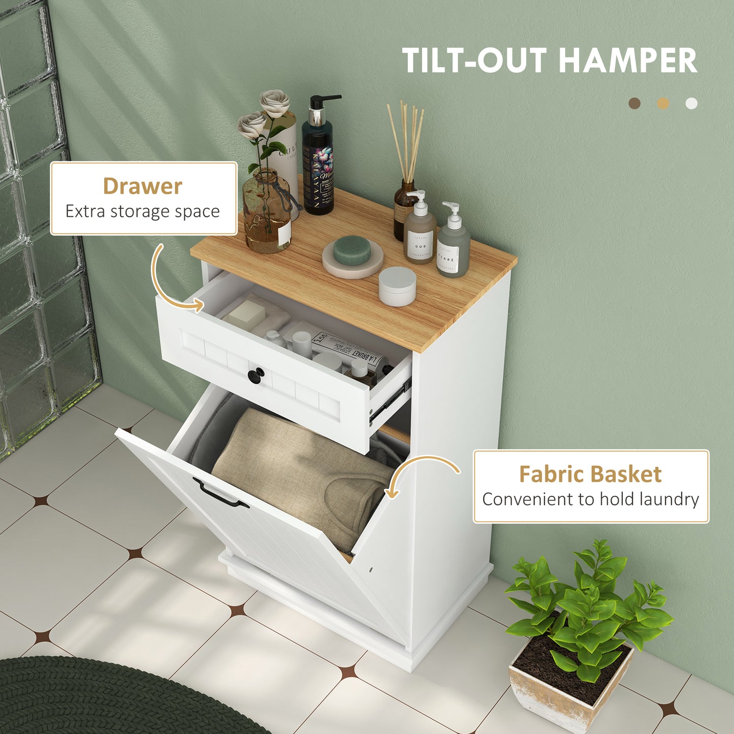 HOMCOM Laundry Cabinet with Removable Basket and Drawer, Tilt-Out Laundry Hamper for Bathroom, Living Room, White