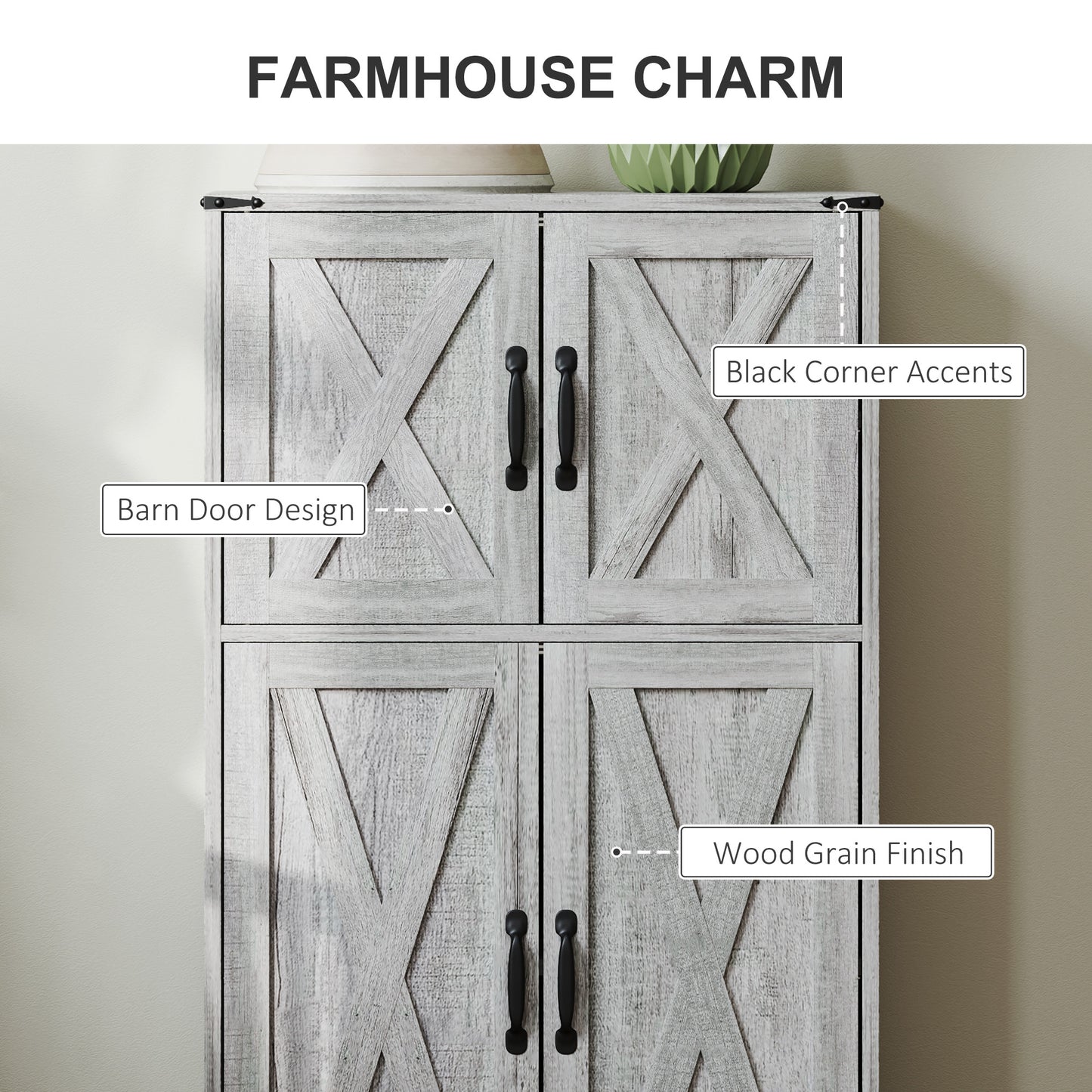 HOMCOM Farmhouse Kitchen Pantry, Freestanding Kitchen Pantry Storage Cabinet with Barn Doors and Adjustable Shelves, Grey