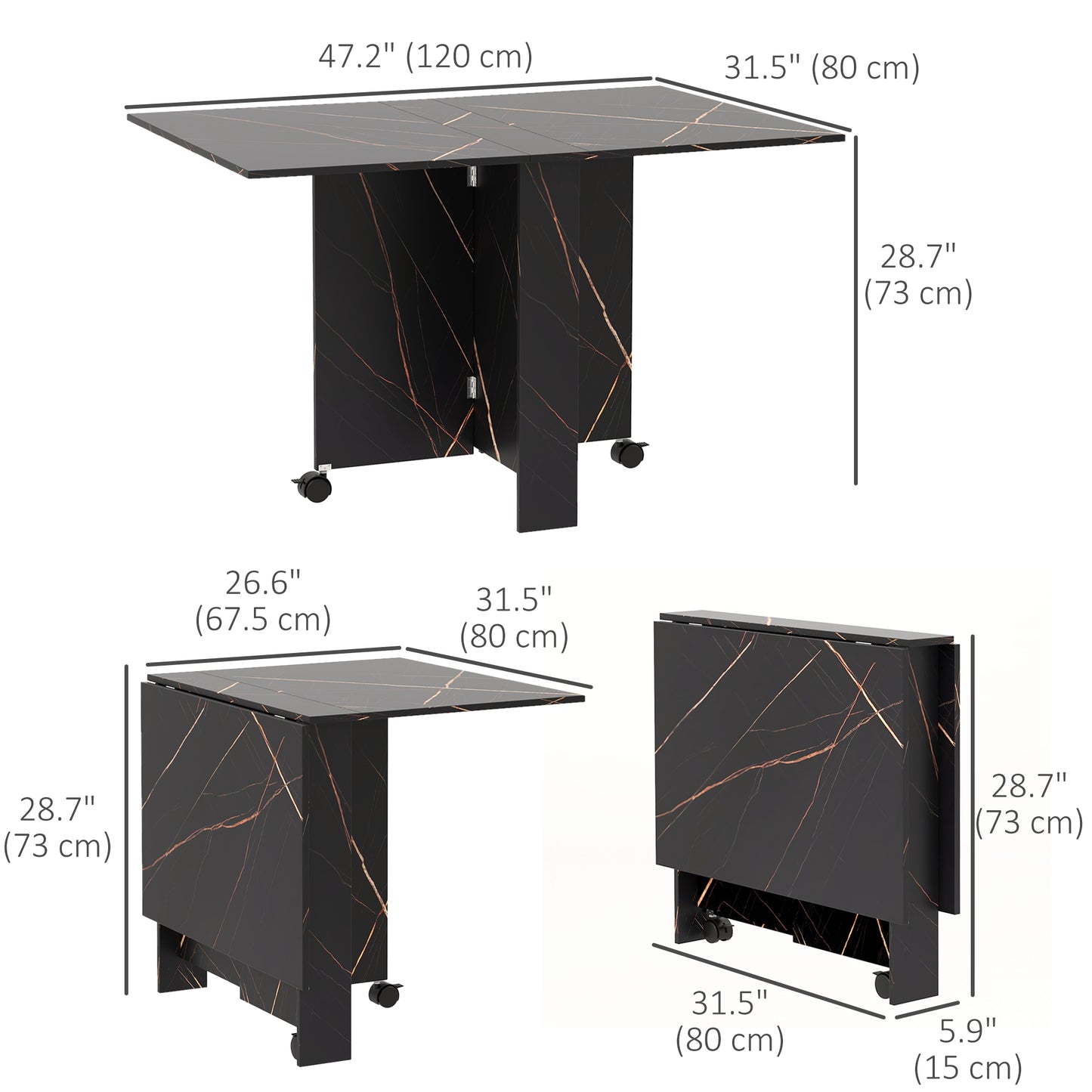 HOMCOM Foldable Dining Table, Drop Leaf Folding Side Table Console Writing Desk with 2 Wheels for Kitchen, Dining Room