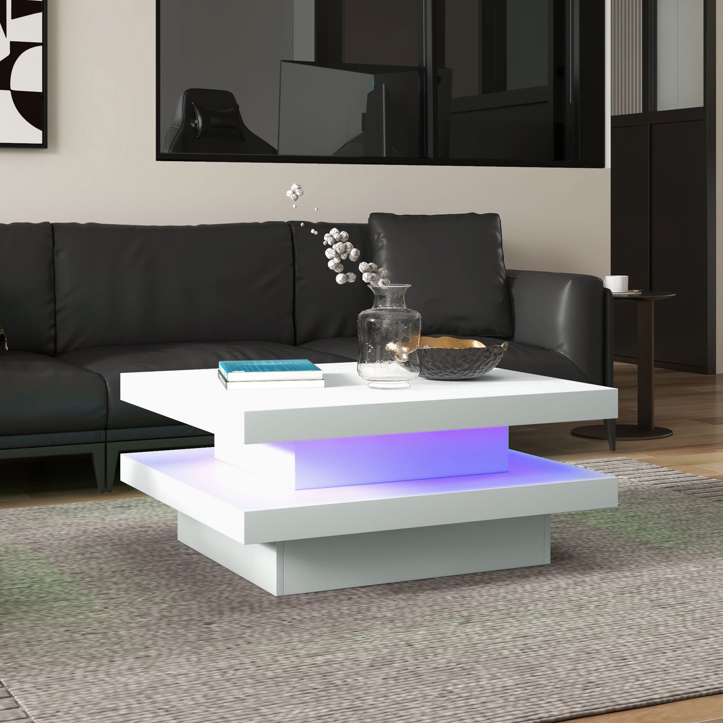 HOMCOM Square Coffee Table with 7 LED Lights and Remote, 2-Tier Modern Center Table for Living Room, White