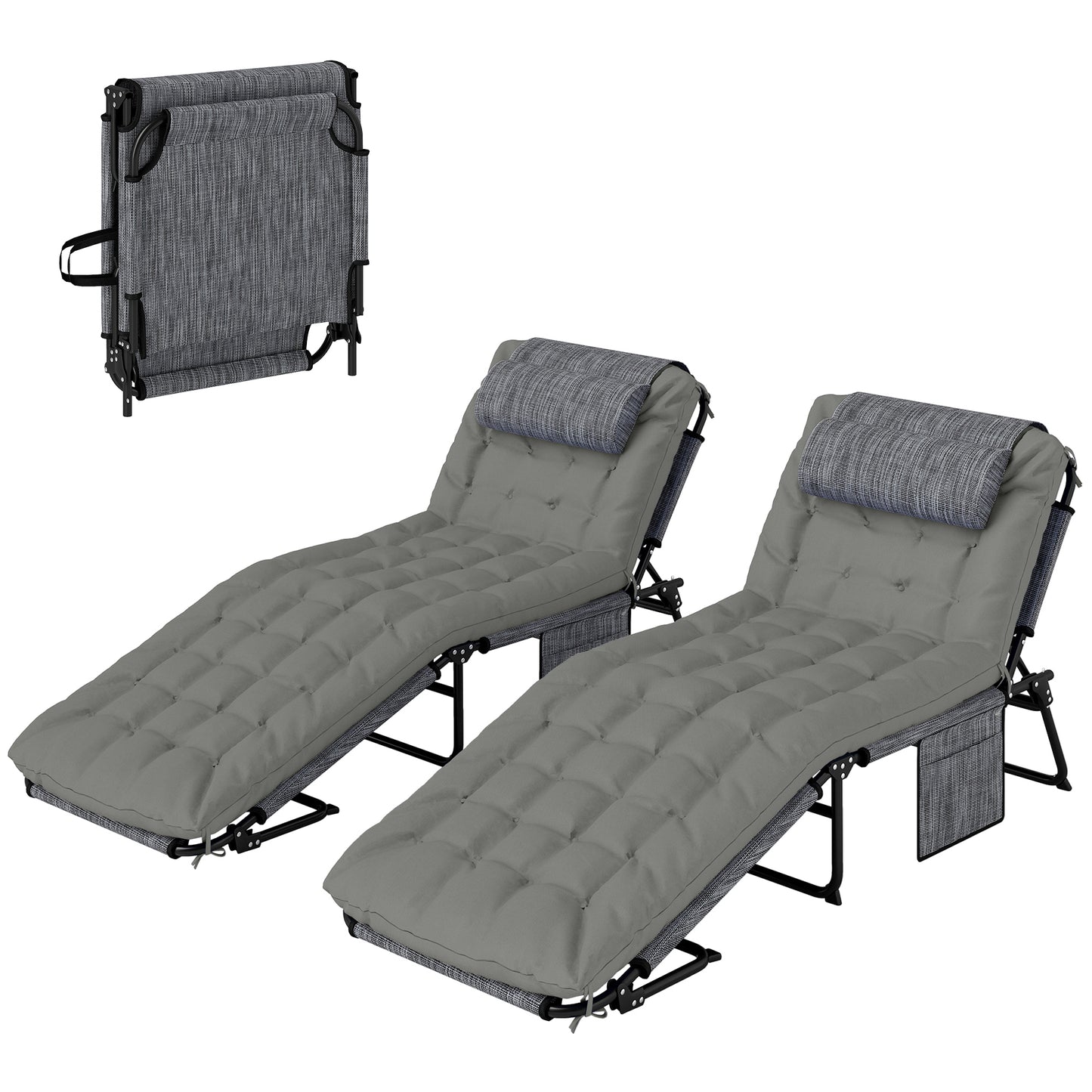 Outsunny 2-Piece Folding Lounge Chairs with Adjustable Backrest, Tanning Chair with Cushion, Side Pocket, Headrest, Grey