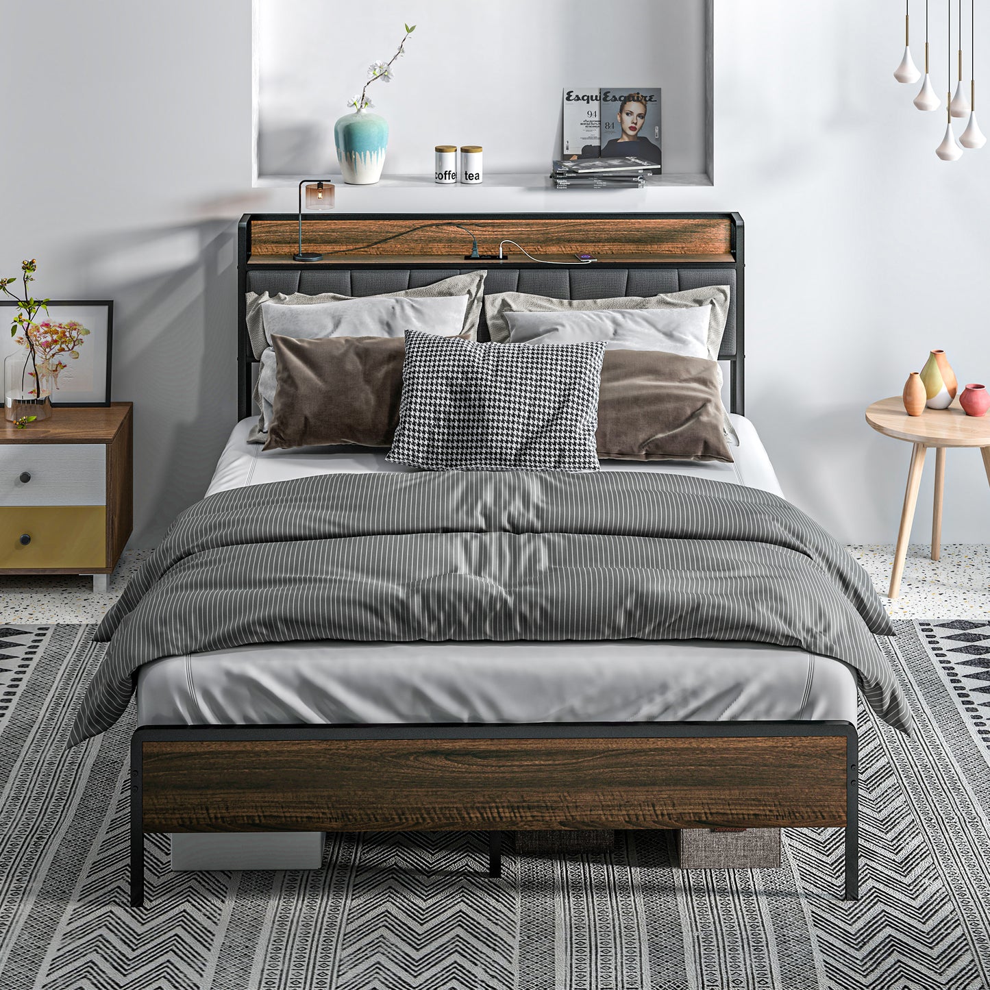 HOMCOM Full Size Bed Frame with Charging Station, Full Bed Frame with Upholstered Headboard and Storage Shelf, Walnut