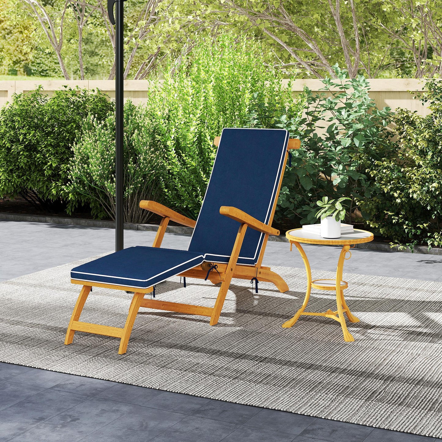 Outsunny Folding Patio Lounge Chair with Padded Cushion, Acacia Wood Patio Lounger Recliner with Footrest for Garden, White