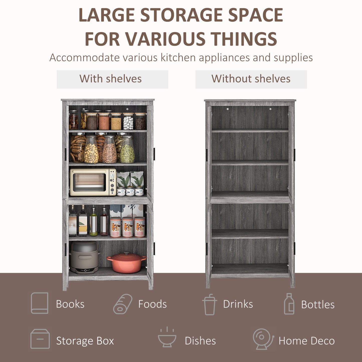 HOMCOM 64" Kitchen Pantry Cabinet, Freestanding Storage Cabinet with 4 Doors, 3 Adjustable Shelves, Antique White