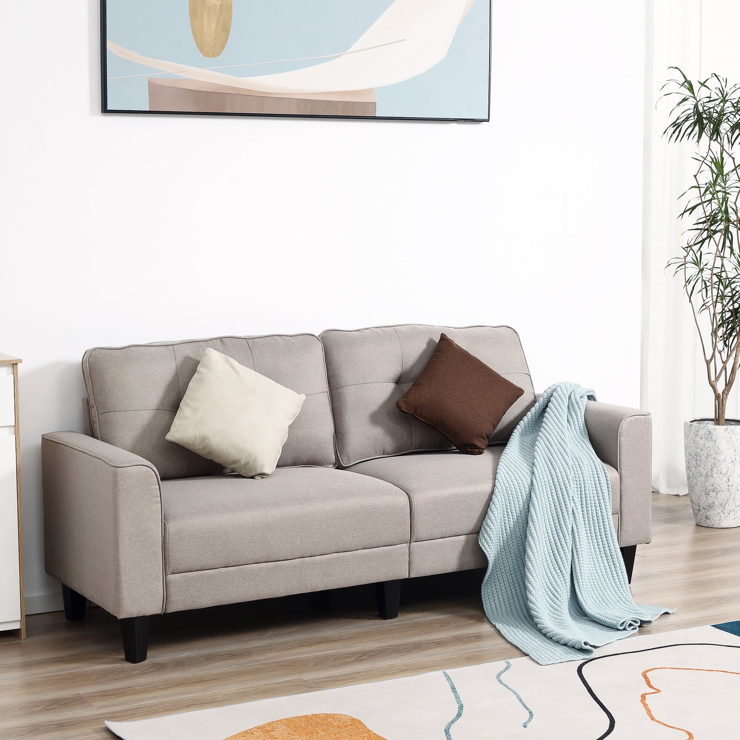 HOMCOM 3-Seater Sofa, Mid-Century Linen Couch with Upholstered Seat, Button-Tufted Back Cushion and Rubber Wood Legs for Living Room, Bedroom, Gray