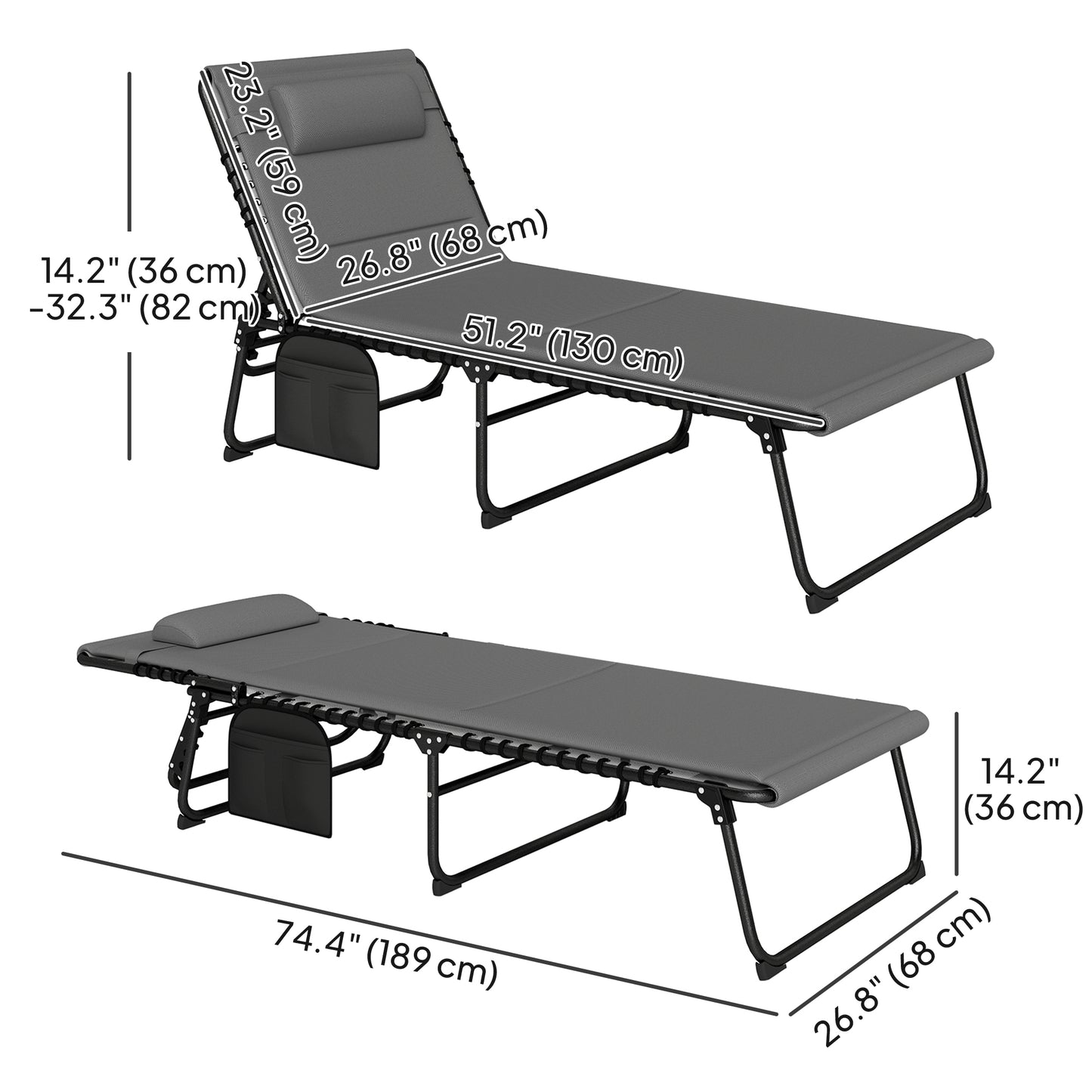 Outsunny Folding Chaise Lounge Chair Set of 2, Reclining Outdoor Lounge Chair Set with Quick Drying Pad Headrest Side Pocket, Tanning Chair Set for Beach Garden Pool, Light Grey
