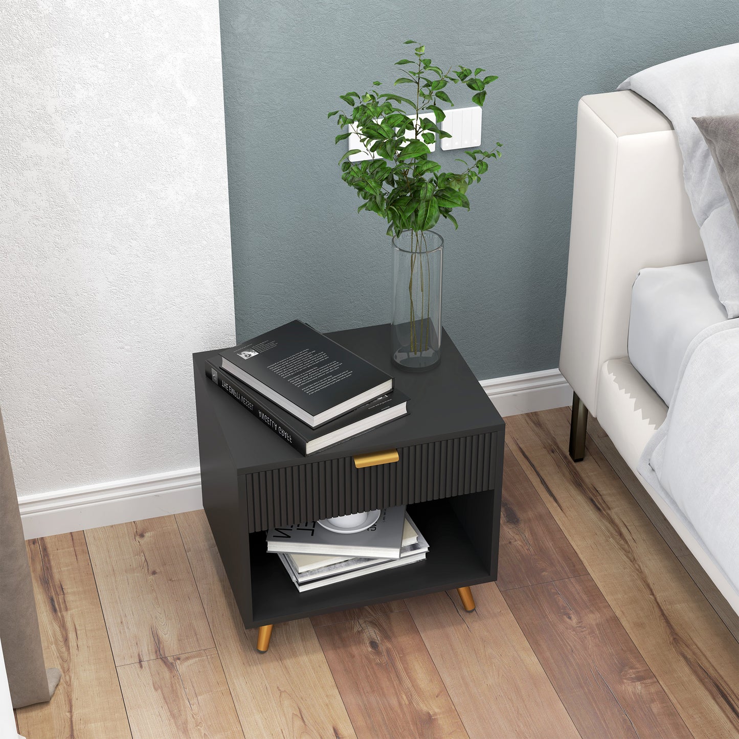 HOMCOM Nightstand with Fluted Panel, Bedside Table with Drawer and Open Compartment, Modern Night Table for Bedroom, Black