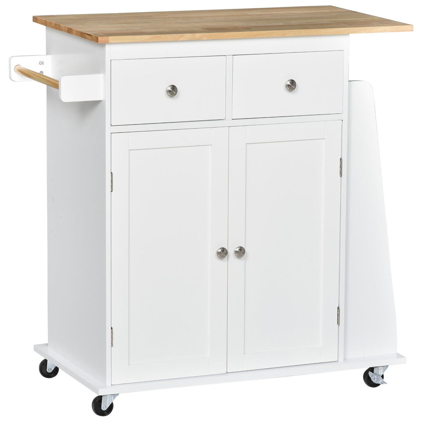 HOMCOM Rolling Kitchen Island Trolley Storage Cart with Rubber Wood Top, 3-Tier Spice Rack, Towel Rack Home Kitchen Carts, White