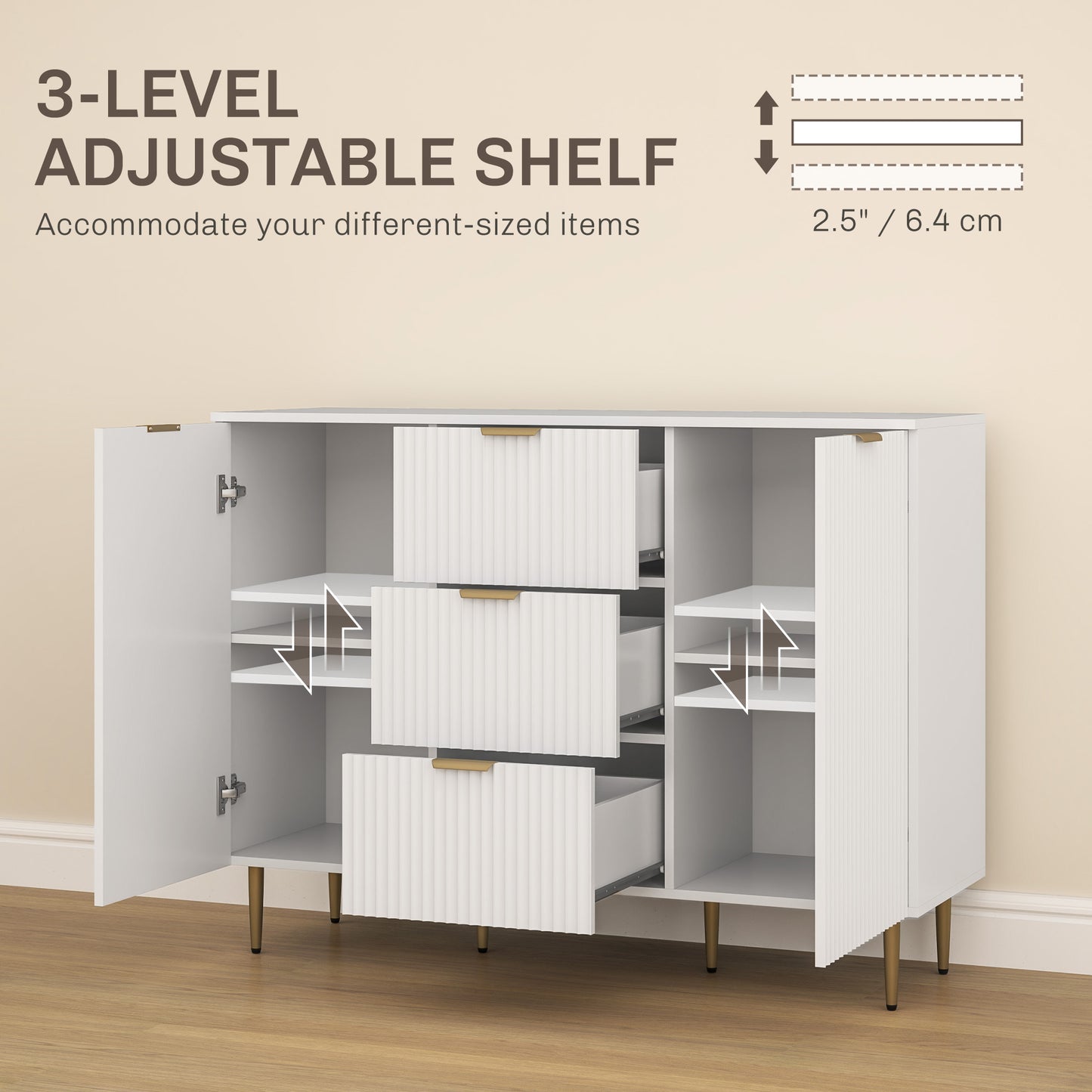 HOMCOM Modern Kitchen Storage Cabinet, Sideboard Buffet Cabinet w/ 3 Drawers and Adjustable Shelves for Kitchen Hallway, Grey