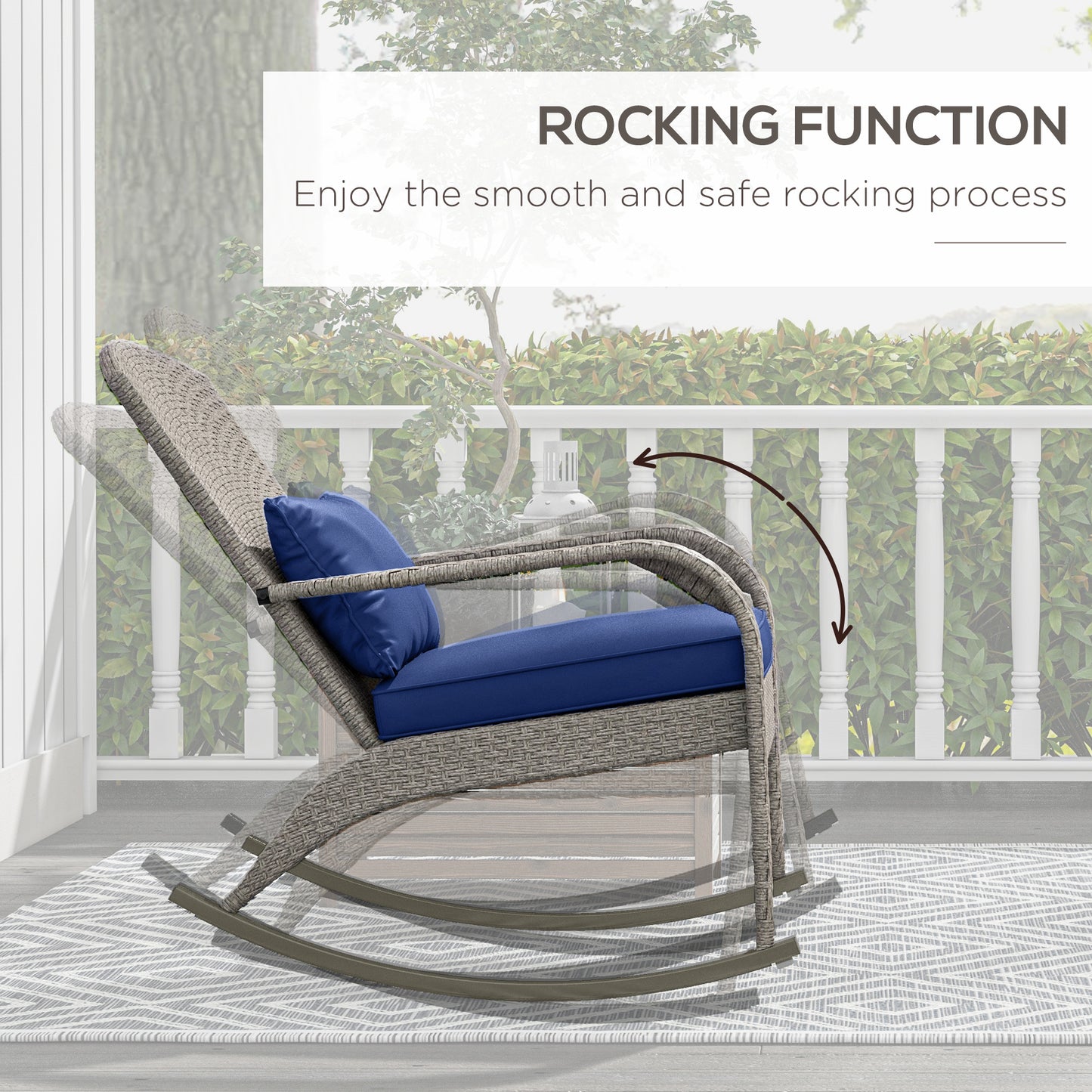 Outsunny Adirondack Chair, Outdoor Wicker Rocking Chair with High Back, Seat Cushion and Pillow for Porch, Balcony, Cream White