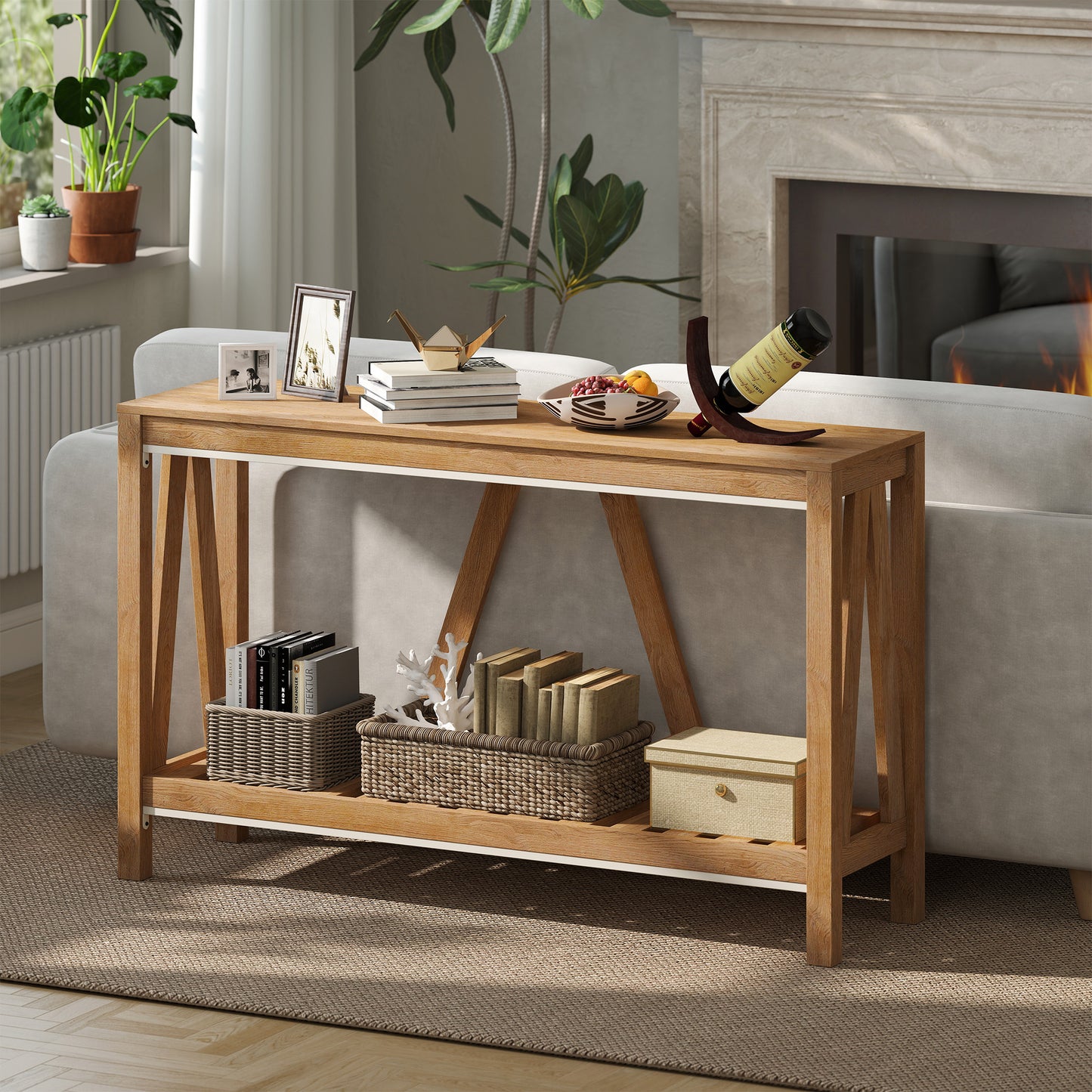HOMCOM 52" Console Table, Farmhouse Narrow Entryway Table with Storage Shelf, Rustic Sofa Table with Anti-tipper for Living Room and Hallway, Brown