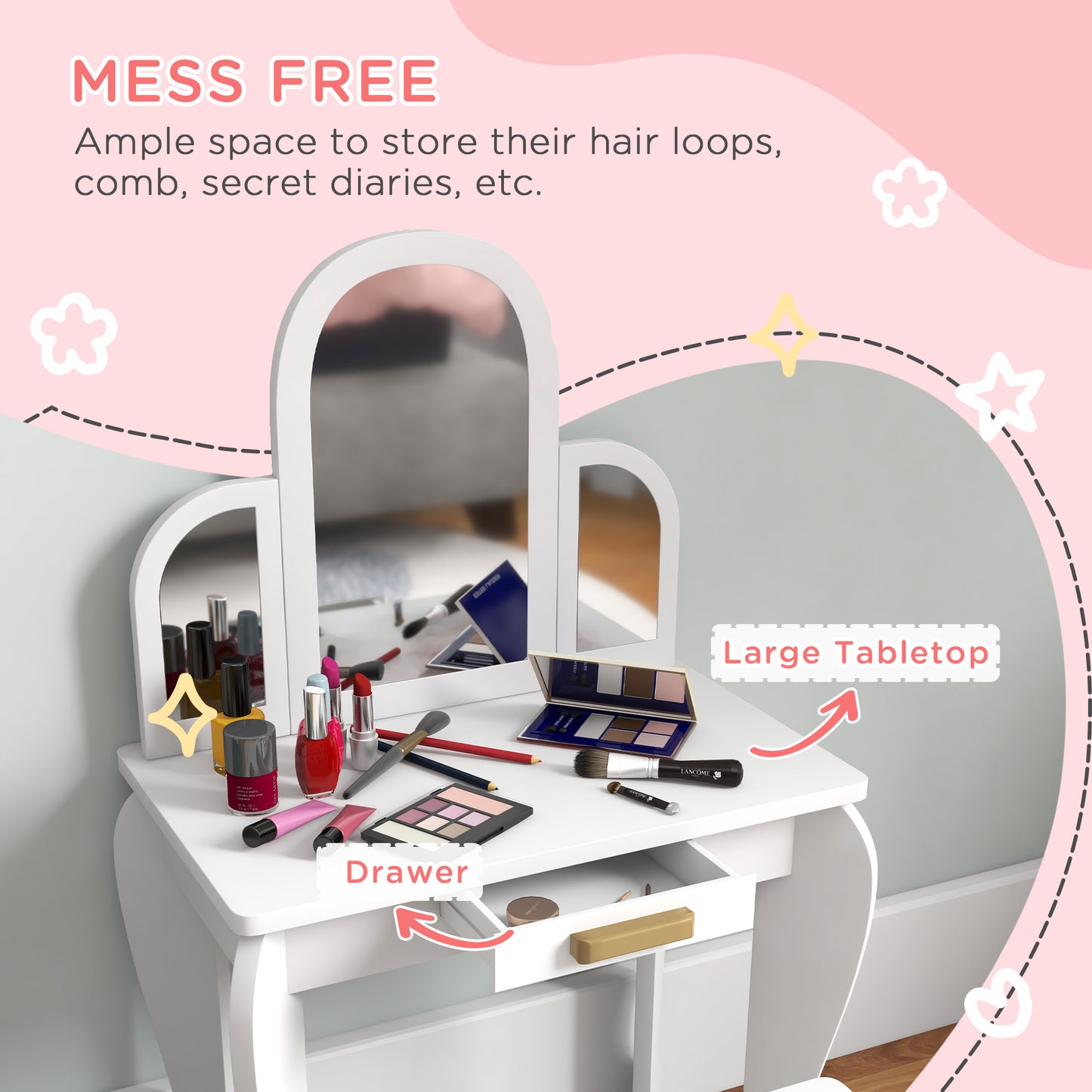 Qaba Kids Dressing Table and Chair Set, Girls Dressing Set, Makeup Desk with Drawer for 3-6 Years Old Kids, Pink