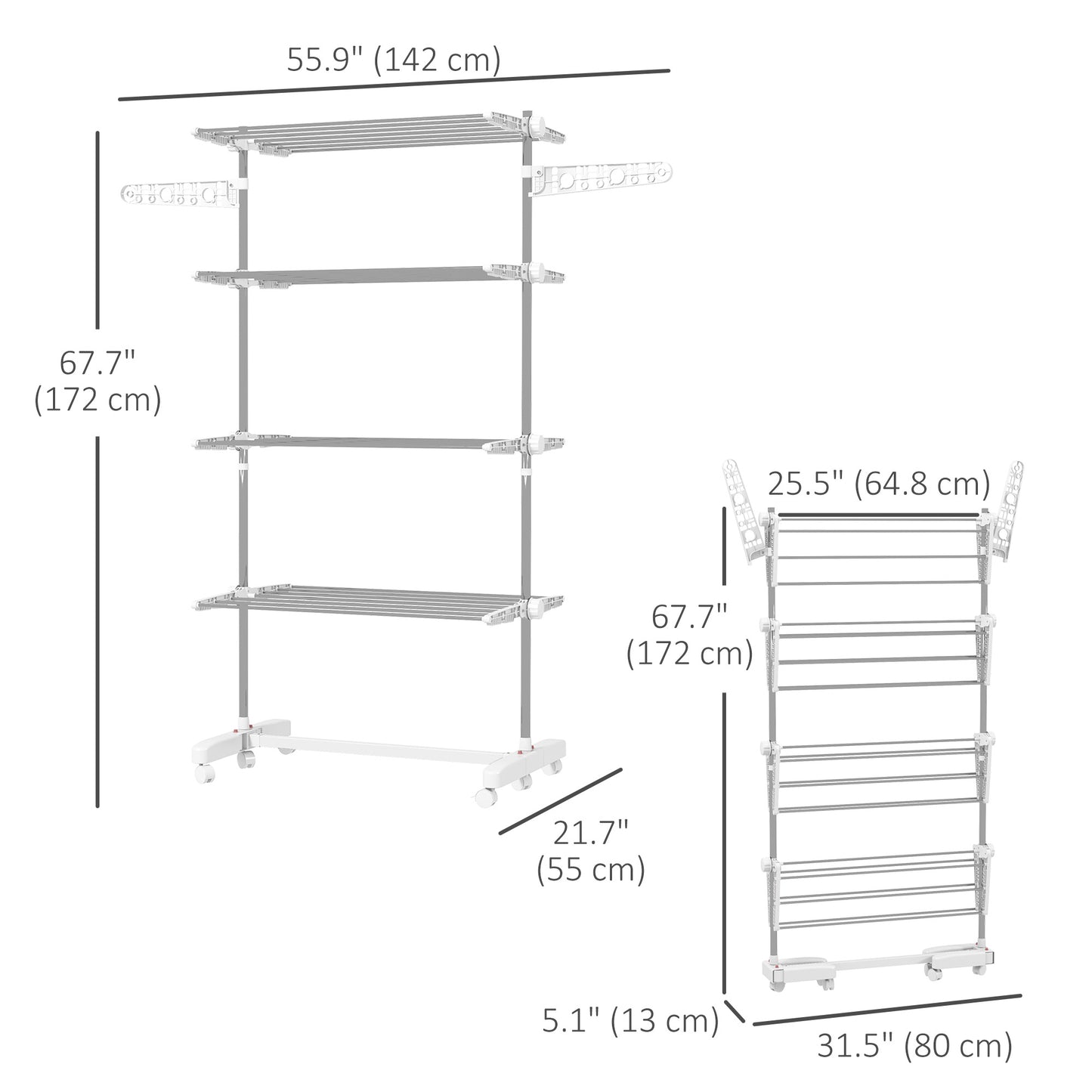HOMCOM 3-Tier Foldable Clothes Drying Rack, Stainless Steel Laundry Rack with 2 Side Wings and 6 Castors, Collapsible Adjustable Clothes Airer for Indoor Outdoor, White