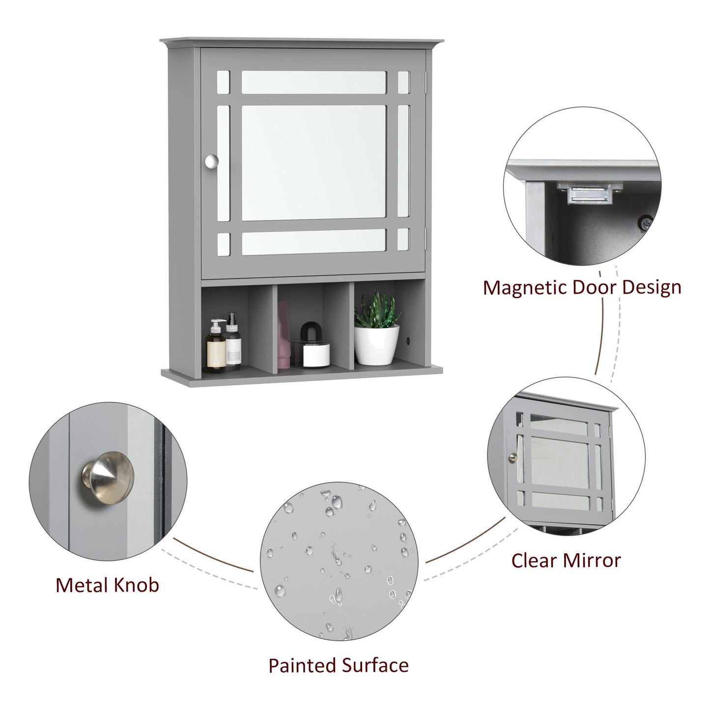 kleankin Bathroom Cabinet Wall Mount with Mirror Door 3 Shelf Organizer for Bathroom, Kitchen, Bedroom, Grey