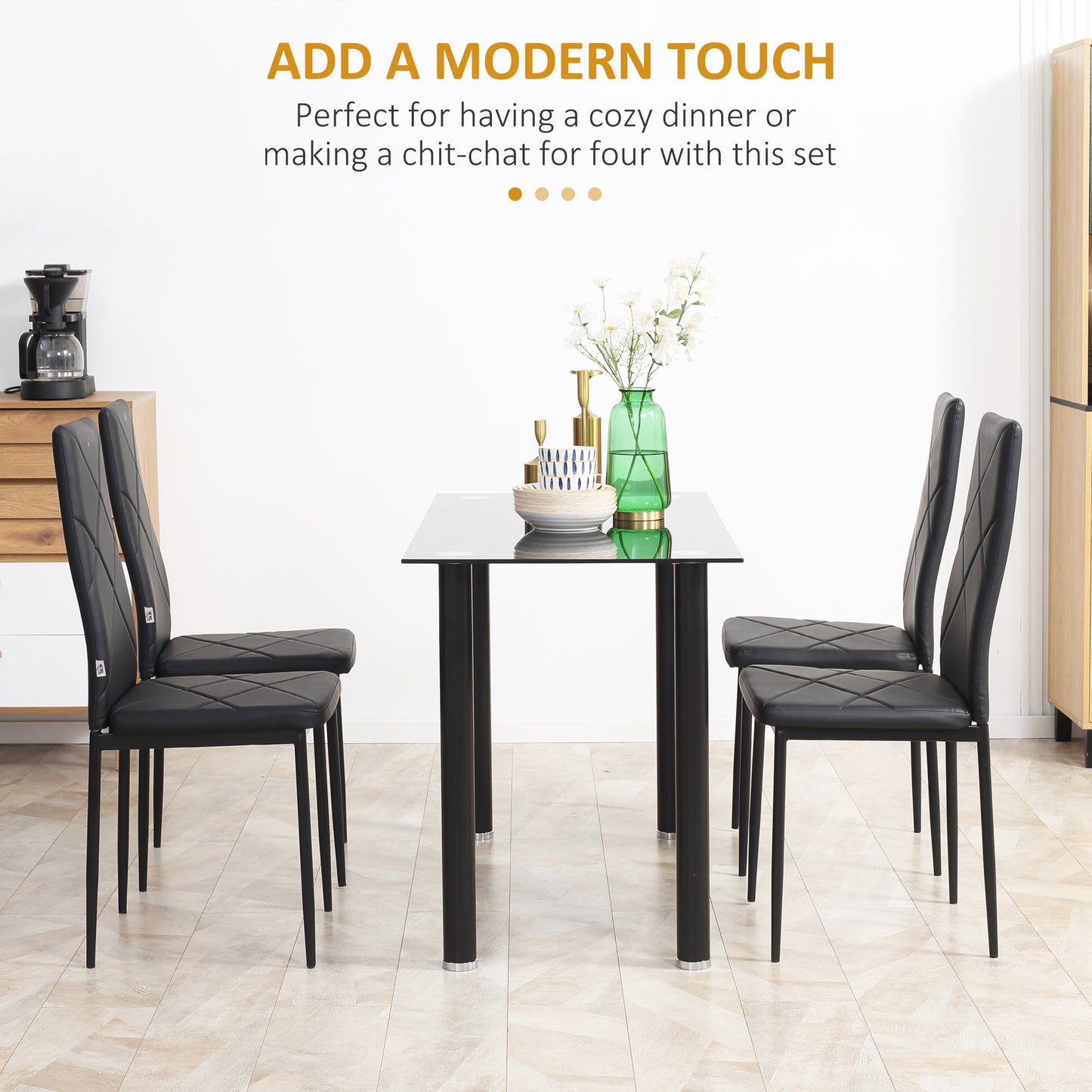 HOMCOM Dining Chairs Set of 4, Modern Accent Chair with High Back, Upholstery Faux Leather and Steel Legs for Living Room, Kitchen, Black
