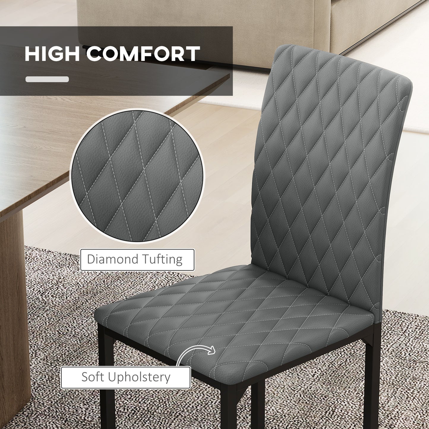 HOMCOM Modern Dining Chairs Set of 4, Upholstered Faux Leather Kitchen Chairs with Rhombic Tufting and Metal Legs for Living Room, White