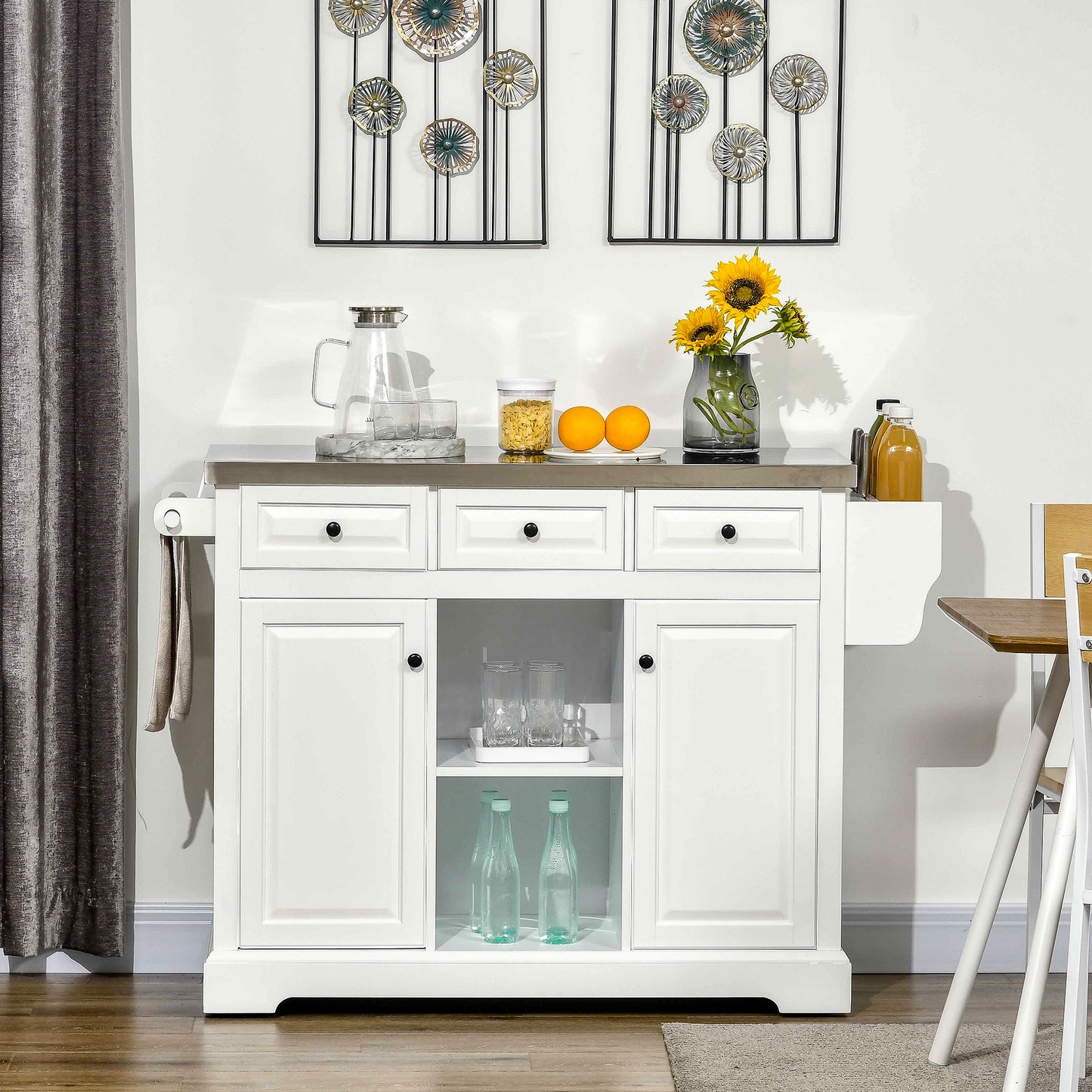HOMCOM Kitchen Island on Wheels with Stainless Steel Top, Spice Rack, Drawers, Rolling Bar Cart with Storage, White