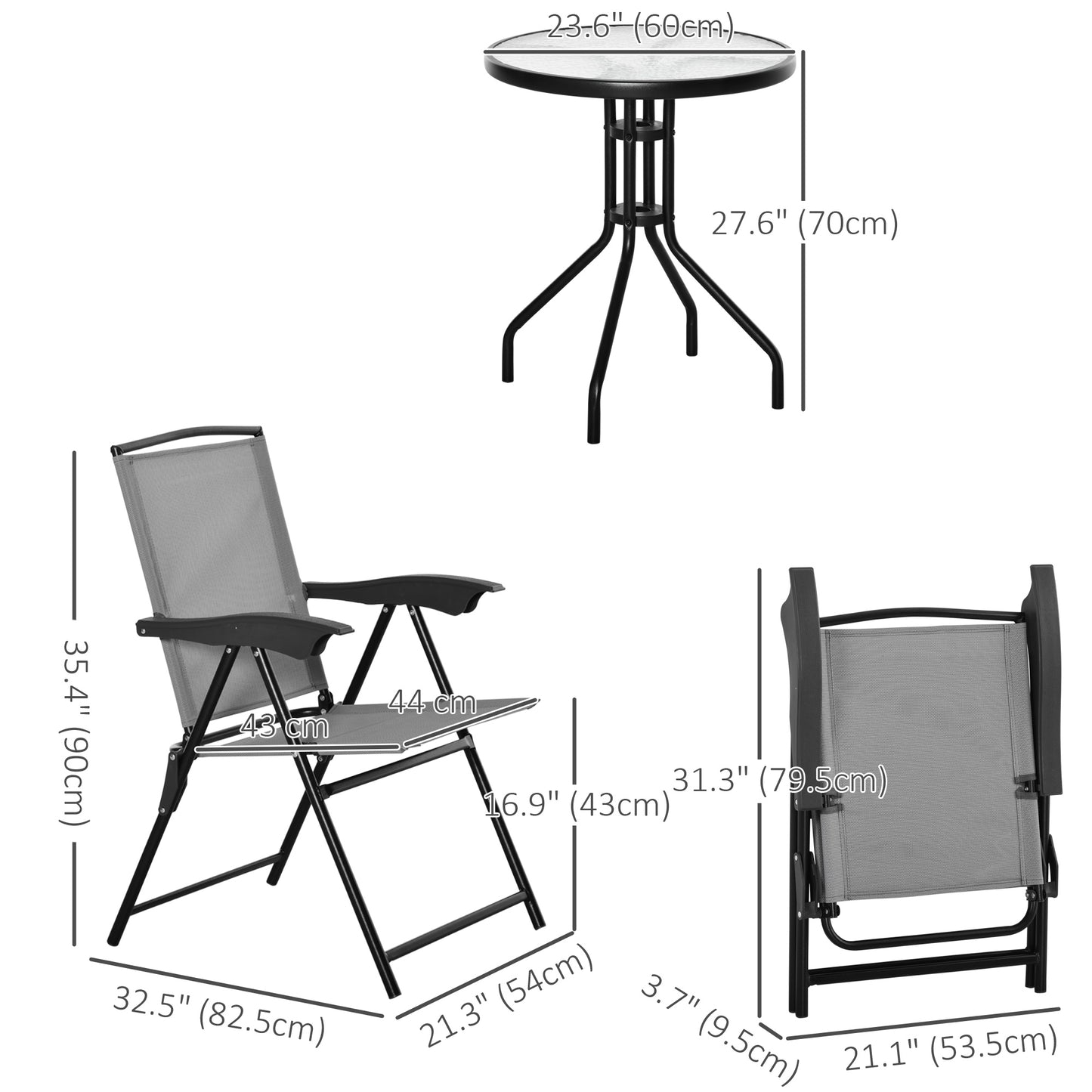 Outsunny Folding Outdoor Bistro Set, Patio Table and Chairs with Reclining Backrest and Round Dining Table, Brown