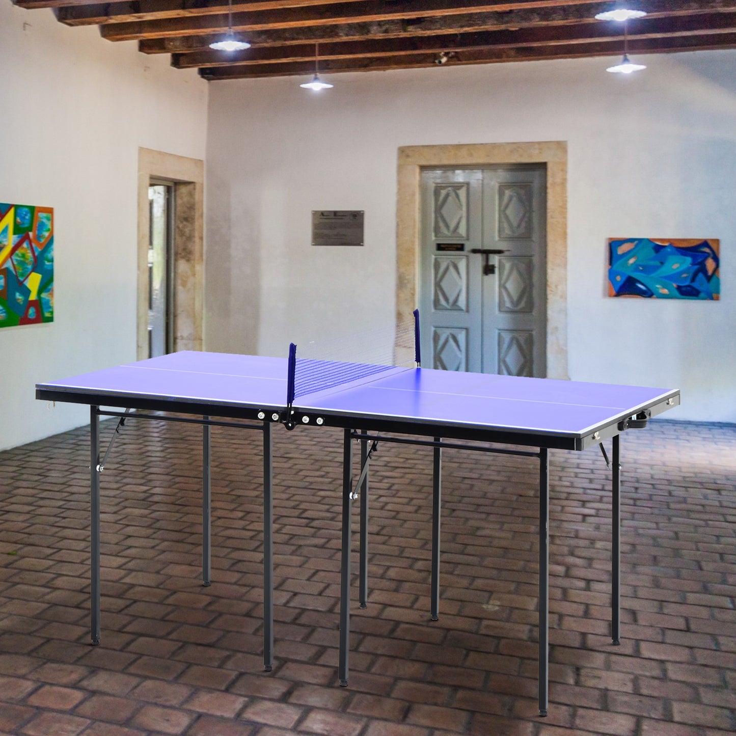 Soozier Folding Table Tennis Table, Portable Ping Pong Table with Side Handles, Net, Blue
