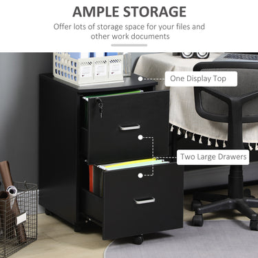 Vinsetto 2 Drawer Mobile File Cabinet with Lock, Wood Office Filing Cabinet with Locking Wheels for Letter and A4 Size, Black