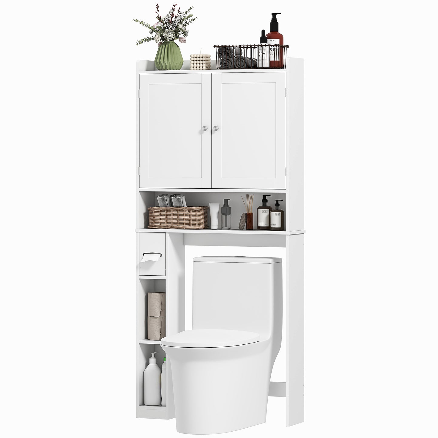 HOMCOM Modern Over the Toilet Storage Cabinet with 2 Doors, Above Commode Storage Cabinet with Toilet Paper Holder, Grey