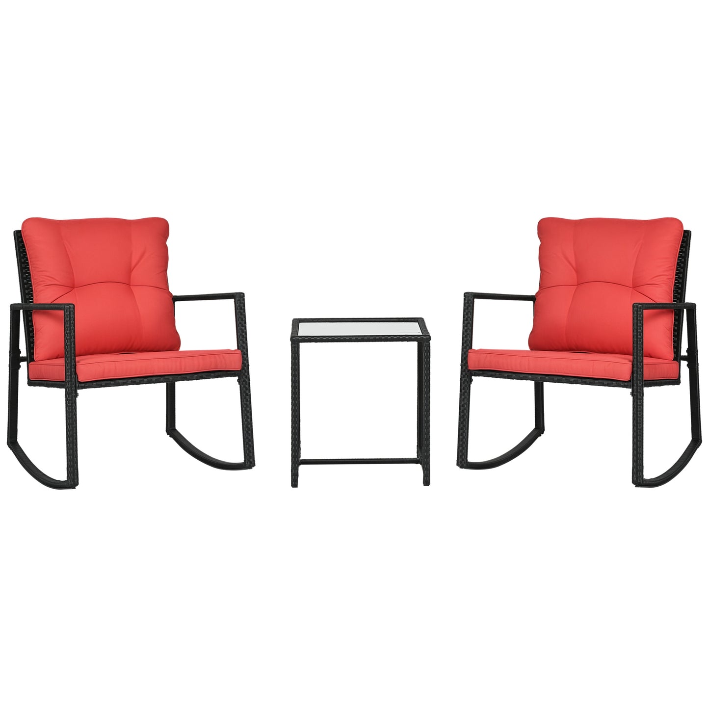 Outsunny 3 Pieces Rocking Bistro Set, Outdoor Wicker Patio Furniture with Glass Coffee Table and Outside Rocking Chairs for Porch, Conversation Sets with Thick Cushions, Blue