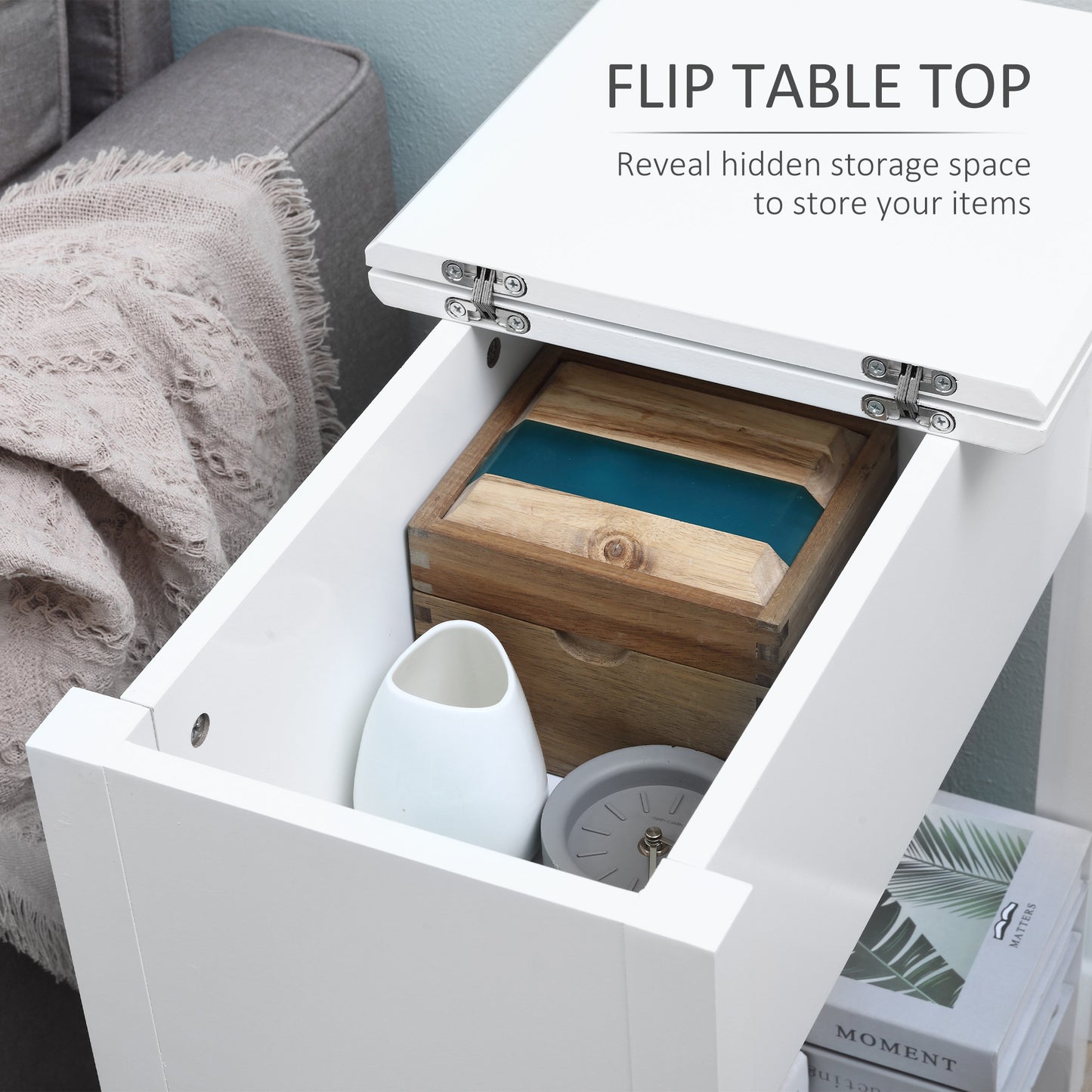 HOMCOM Flip Top End Table, Side Table with Storage Shelf and Cable Management, Narrow Nightstand for Living Room, Bedroom, White