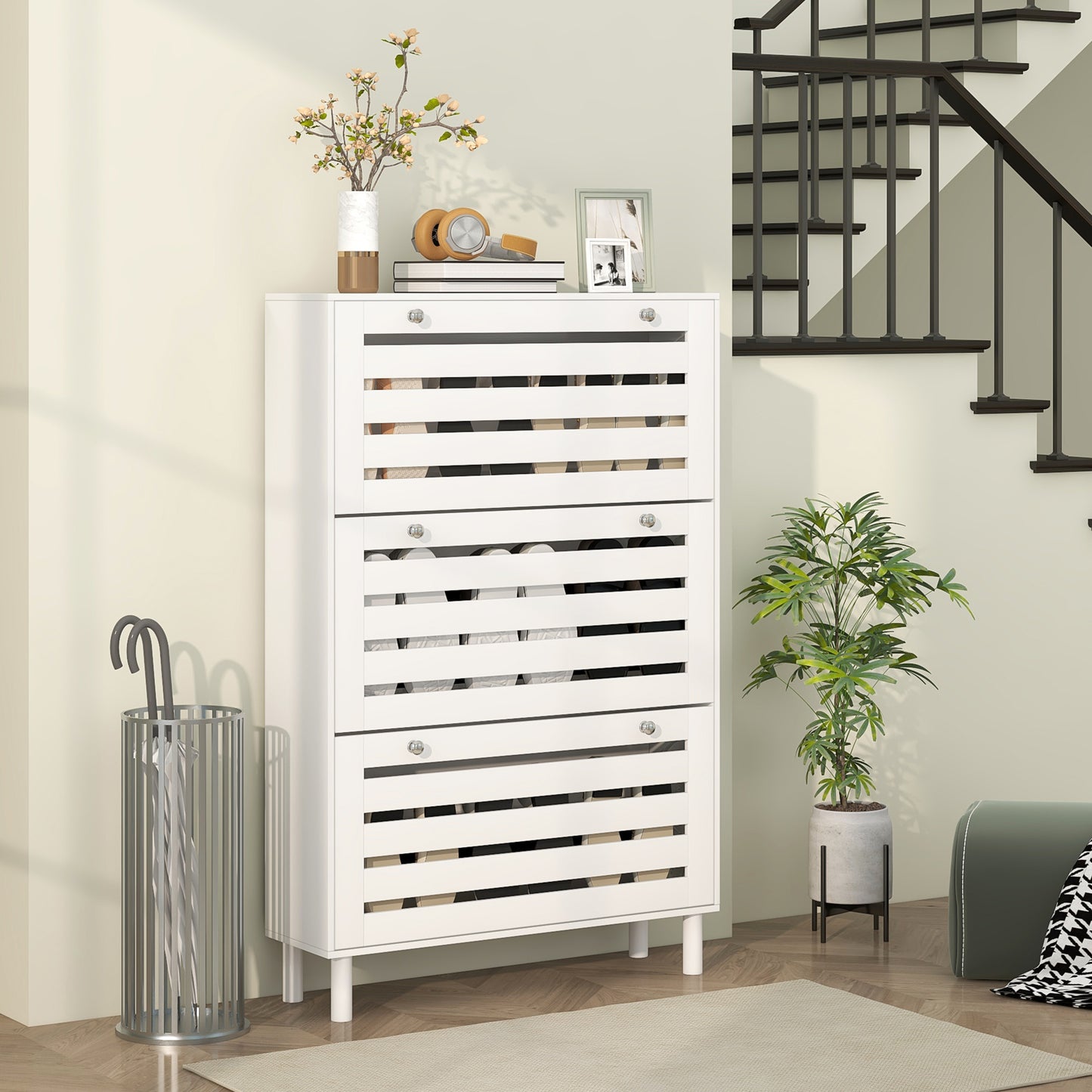 HOMCOM Narrow Shoe Storage Cabinet, 3 Flip Drawers, Adjustable Shelves, 24 Pairs Capacity, White