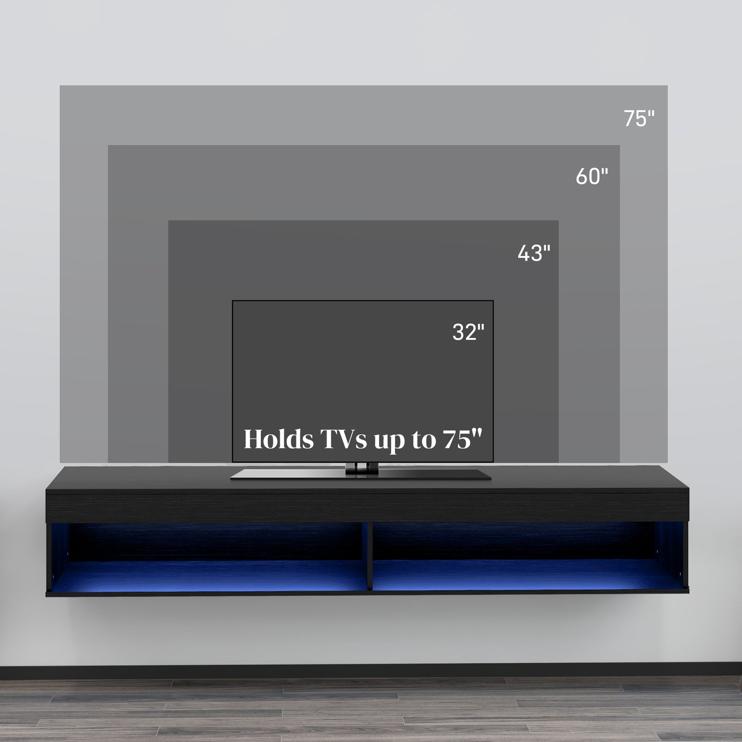 HOMCOM Modern Wall Mounted TV Stand with Storage and LED Lights for TVs up to 75", Floating TV Shelf for Living Room, Black