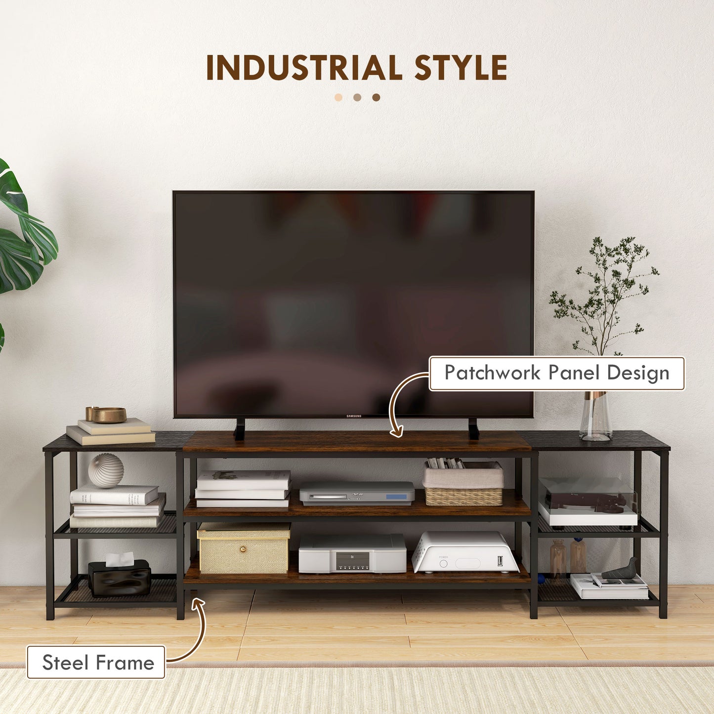HOMCOM Industrial TV Cabinet for TVs Up to 60", TV Stand with Open Shelf Storage, Media Console with Steel Frame, Rustic Brown