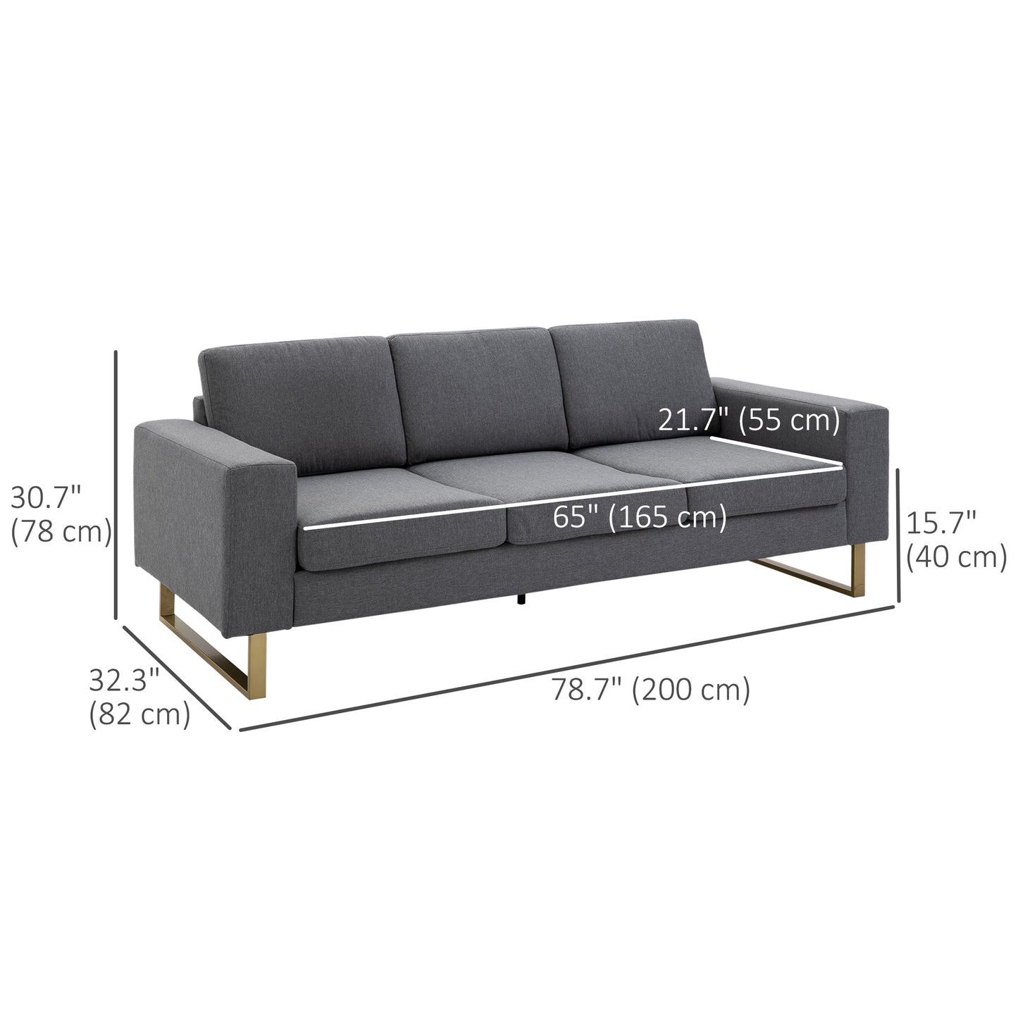 HOMCOM 3 Seater Sofa, Linen Upholstered Cozy Padded Couch with Steel Leg, Backrest and Wide Armrest, for Living room, Bedroom, Grey
