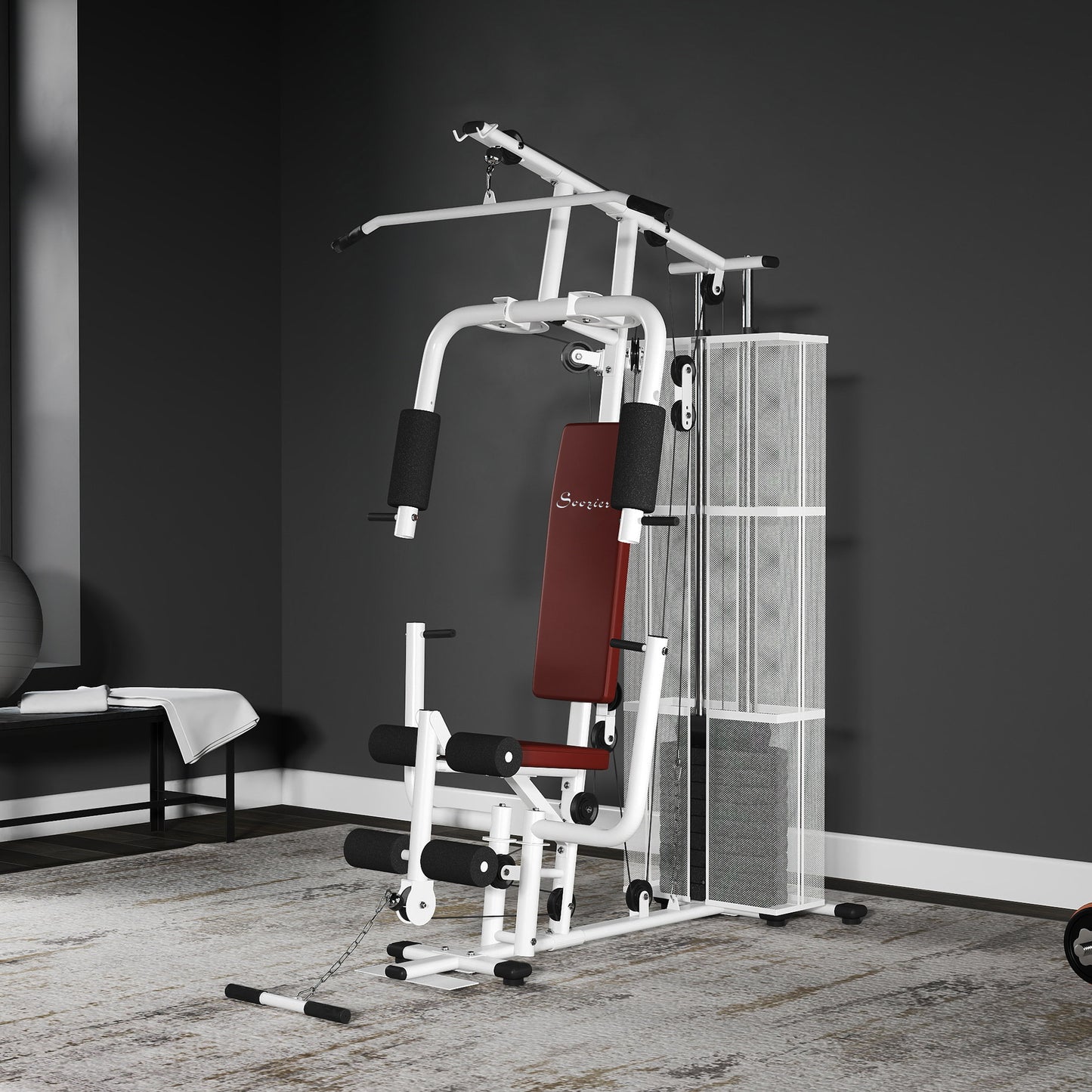 Soozier Home Gym, Multifunction Gym Equipment Workout Station with 100Lbs Weight Stack for Lat Pulldown, Leg Extensions, Preacher Bicep Curls, Triceps Pulldowns, Chest Press, White
