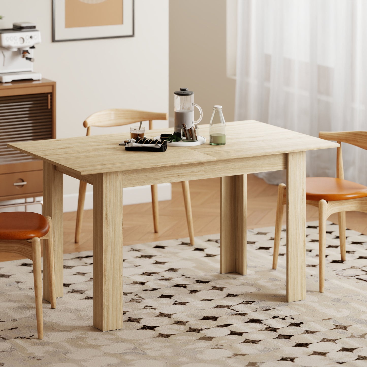 HOMCOM Modern Extendable Dining Table, 55.1 x 31.5 in, for 6-8 People, Expandable Dining Table for Kitchen, Natural Wood