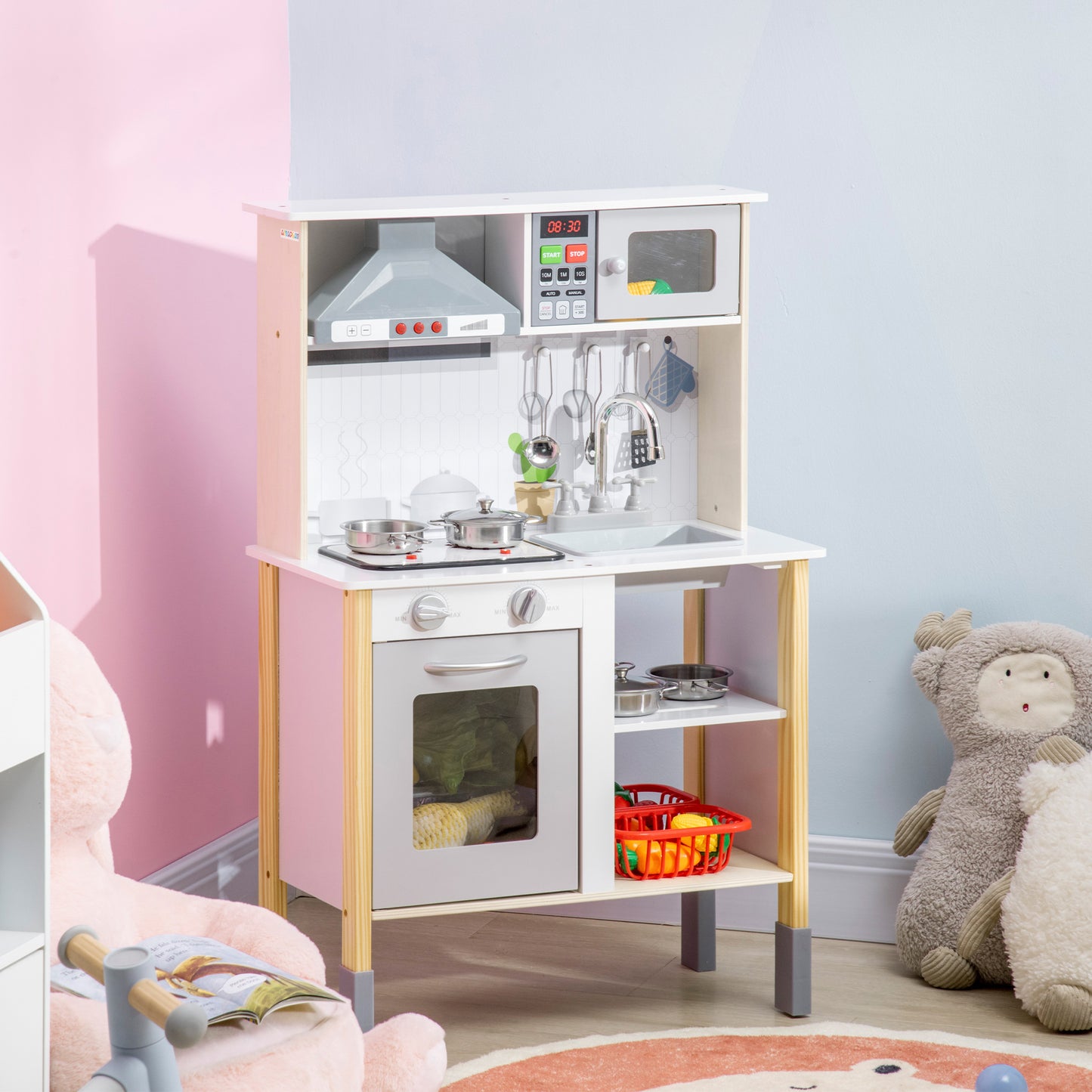 Qaba Wooden Play Kitchen with Realistic Lights Sounds, Microwave, Range Hood, Cooking Accessories, Adjustable Height, White