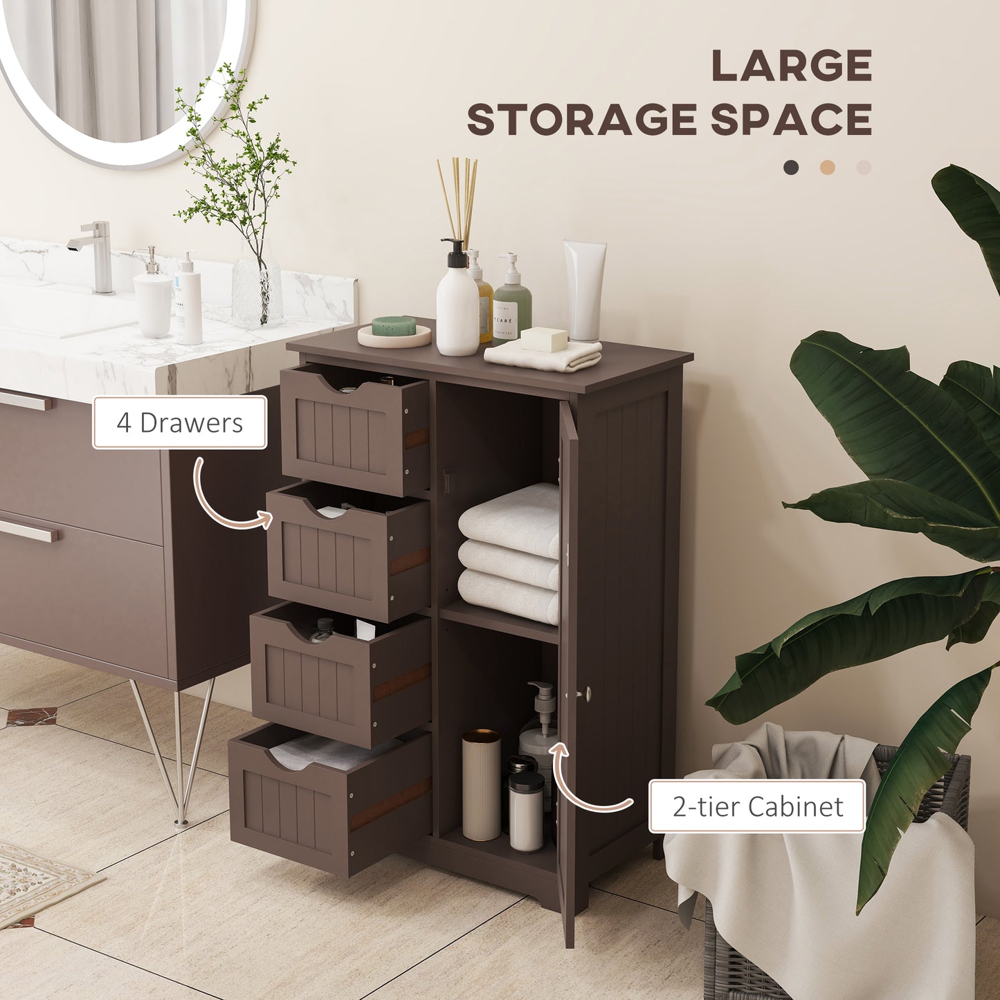 kleankin Bathroom Storage Cabinet, Floor Cabinet with Adjustable Shelf and 4 Drawers, Side Cabinet for Washroom, White
