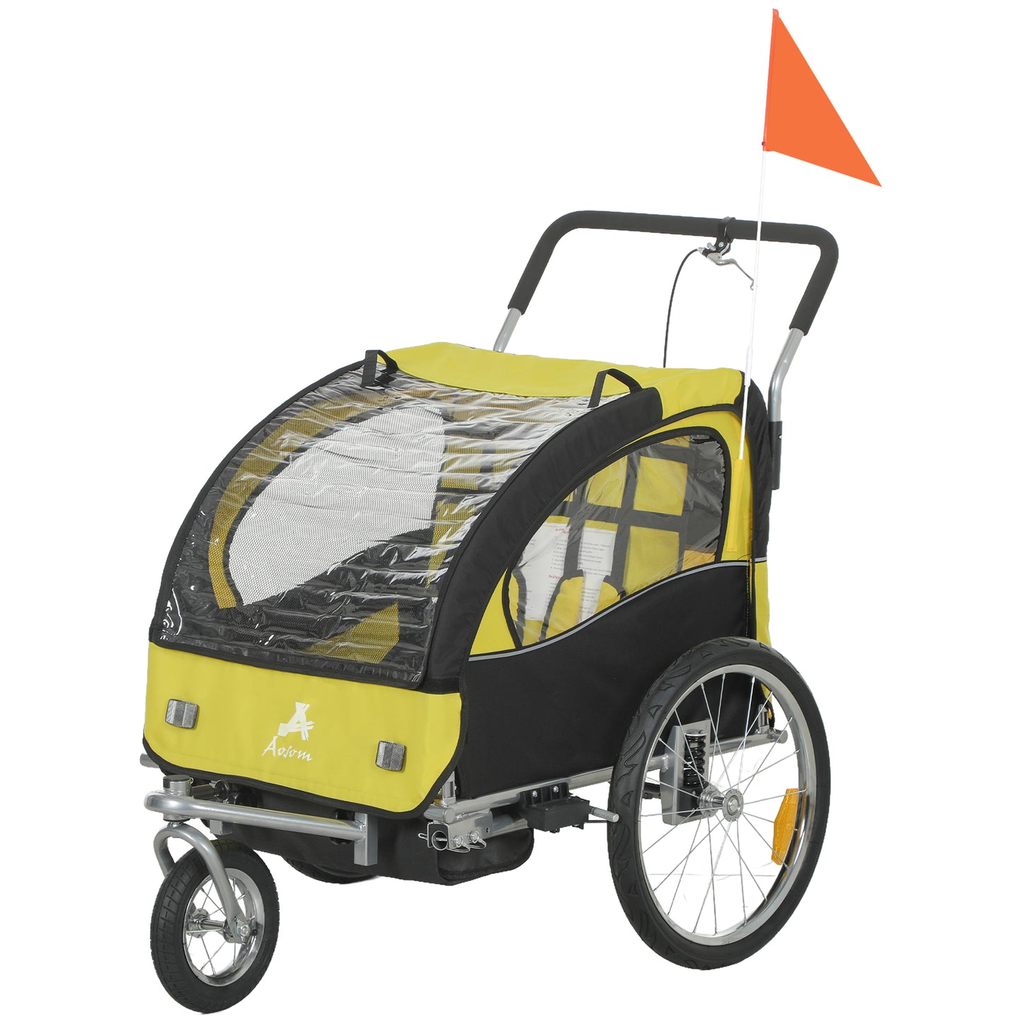 Aosom 2-in-1 Bike Trailer for Kids, Foldable 2-Seat Baby Stroller with 5-Point Harness, Rubber Wheels, Storage Bag, Black