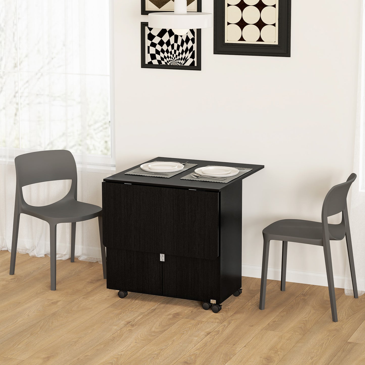 HOMCOM Extendable Dining Table, Drop Leaf Table with 2 Drawers, Cabinet and 6 Wheels for Small Spaces, Kitchen, Black Wood Grain