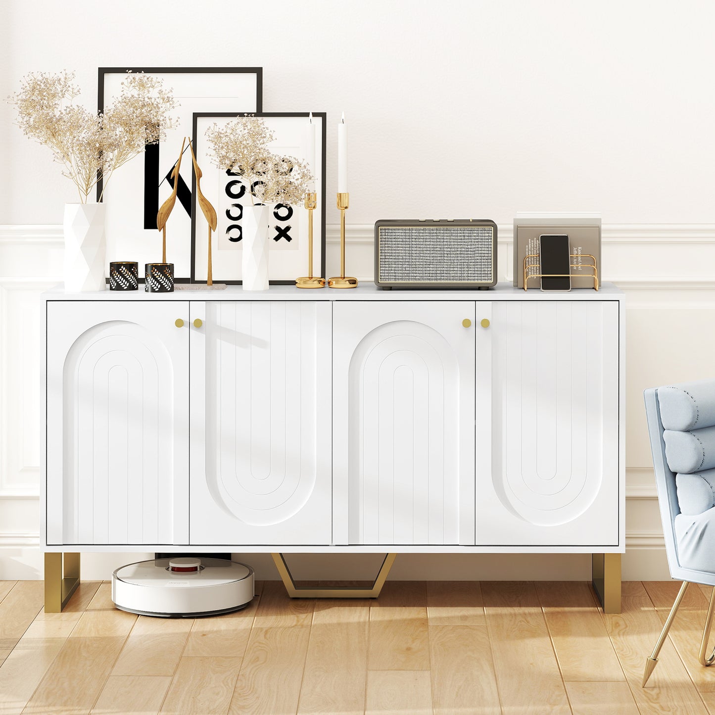 HOMCOM Sideboard Buffet Cabinet with 4 Doors, Modern Storage Cabinet with Adjustable Shelves & Center Leg, White