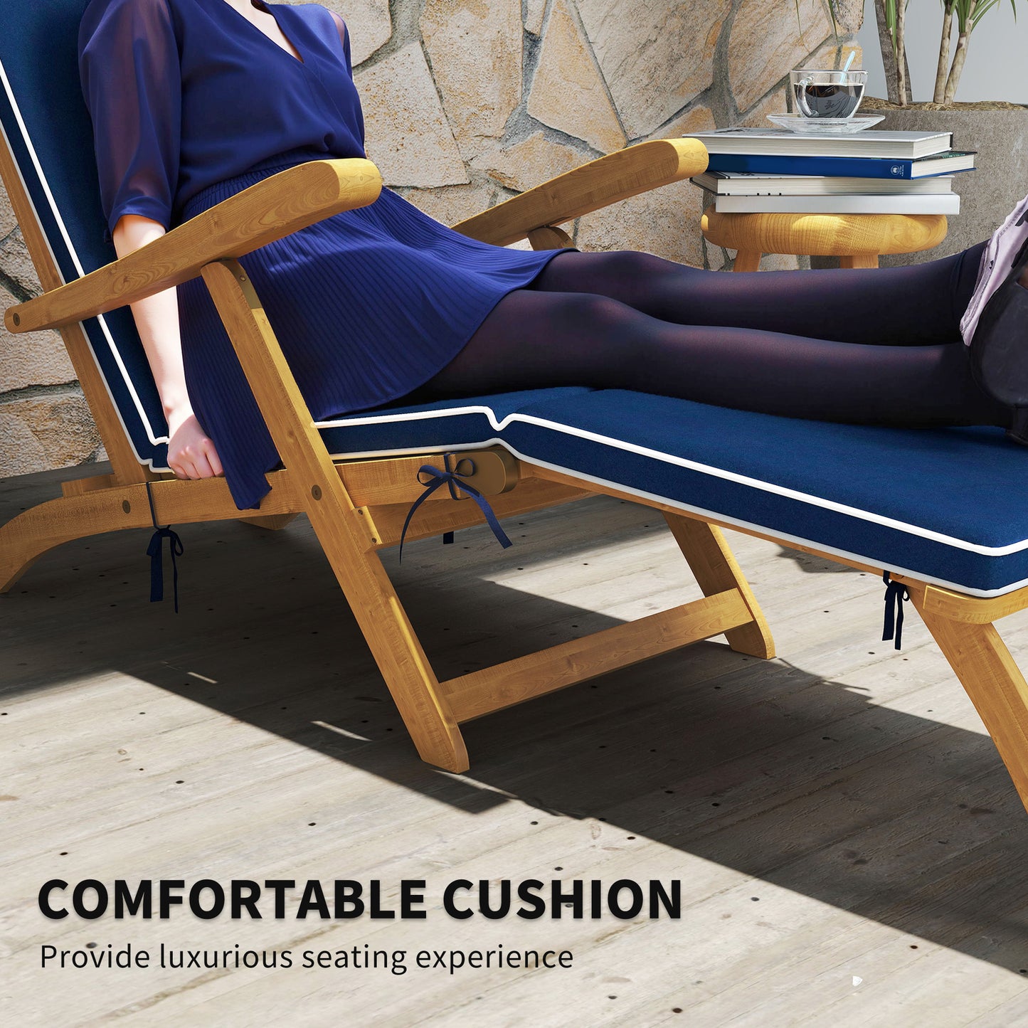 Outsunny Folding Patio Lounge Chair with Padded Cushion, Acacia Wood Patio Lounger Recliner with Footrest for Garden, White