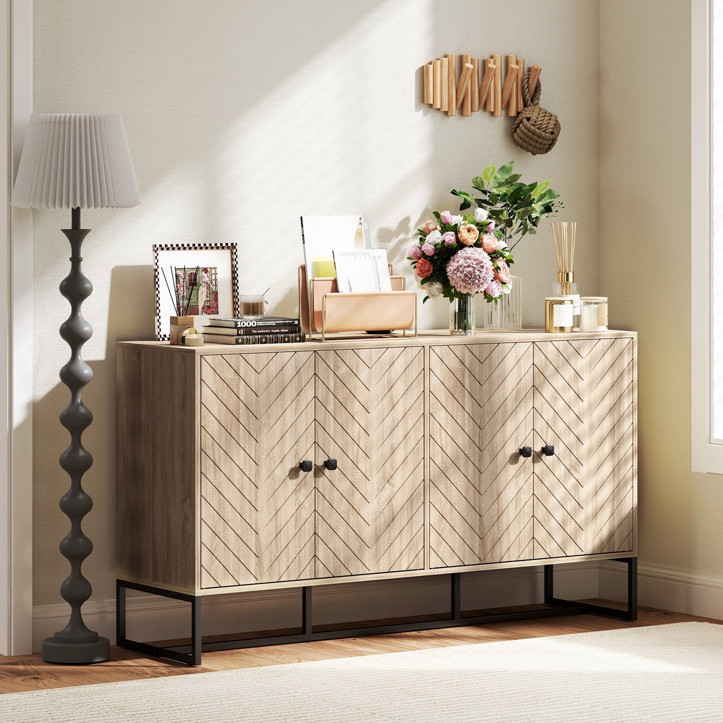 HOMCOM Sideboard Buffet Cabinet with 2 Adjustable Shelves and Steel Base, TV Stand, Coffee Bar Cabinet for Living Room, Oak