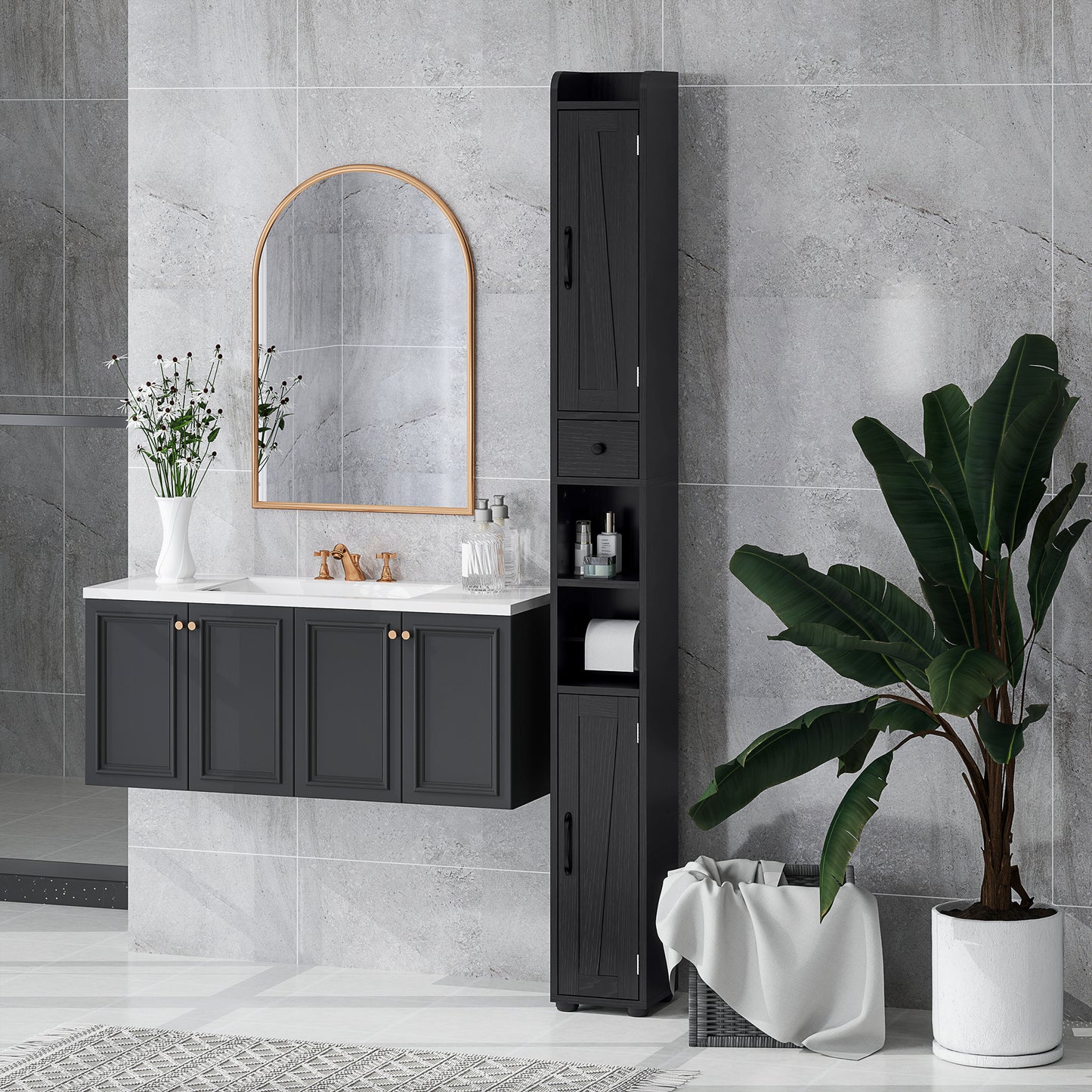 HOMCOM Narrow Bathroom Cabinet, Tall Bathroom Storage Cabinet with Barn Doors, Drawer and Adjustable Shelves, Brown Wood Grain
