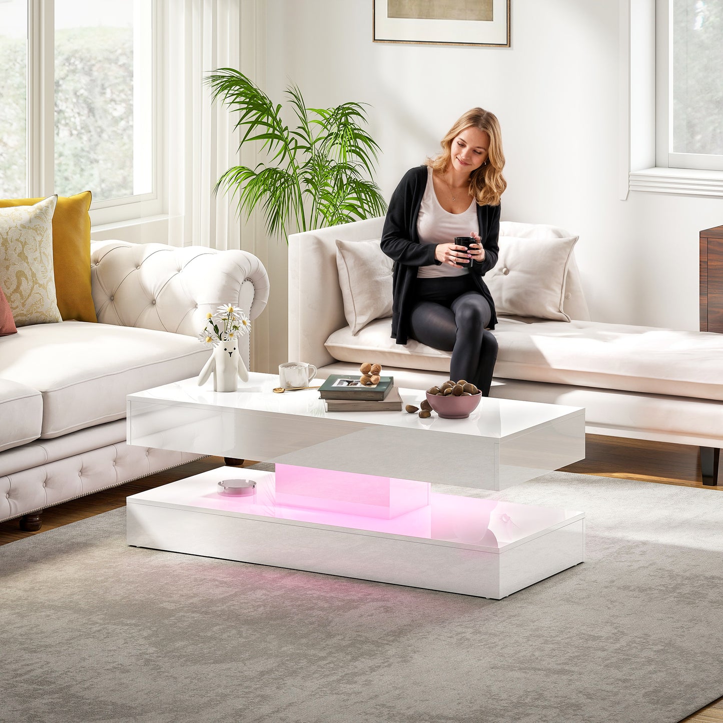 HOMCOM Coffee Table with Adjustable LED Lights, Modern Living Room Table with 2 Drawers, Open Shelf, Remote, High Gloss White