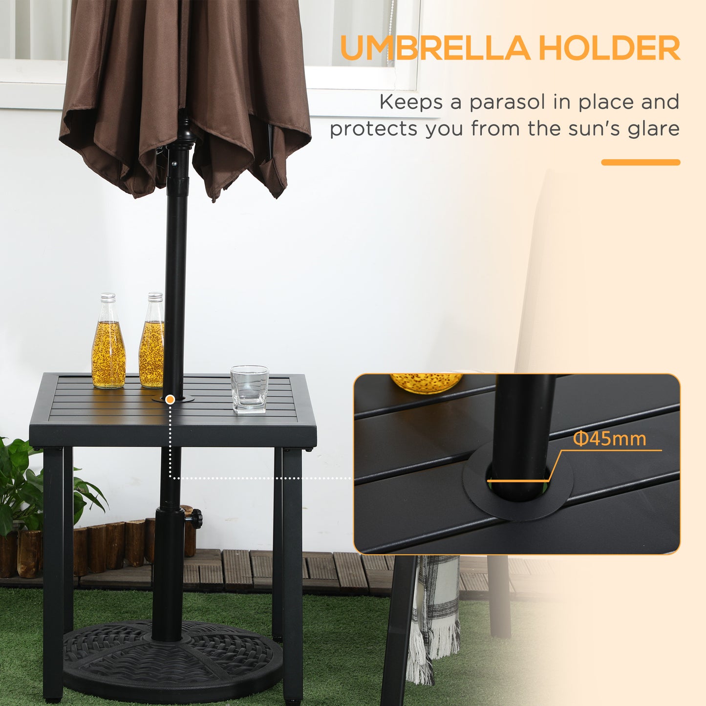 Outsunny Outdoor Side Table, Patio End Table with Umbrella Hole, Small Coffee Table with Steel Frame for Balcony, Black