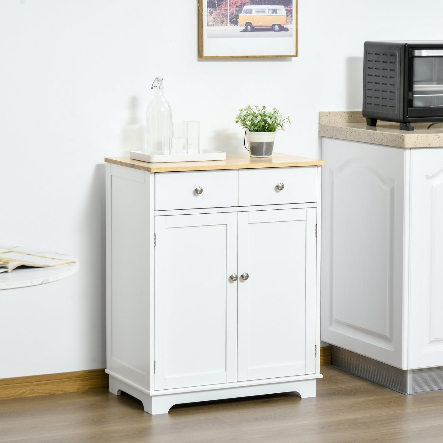 HOMCOM Sideboard Buffet Cabinet with Storage, 27" Kitchen Cabinet with Adjustable Shelf, 2 Drawers and 2 Doors, Coffee Bar Cabinet with Rubberwood Tabletop, White