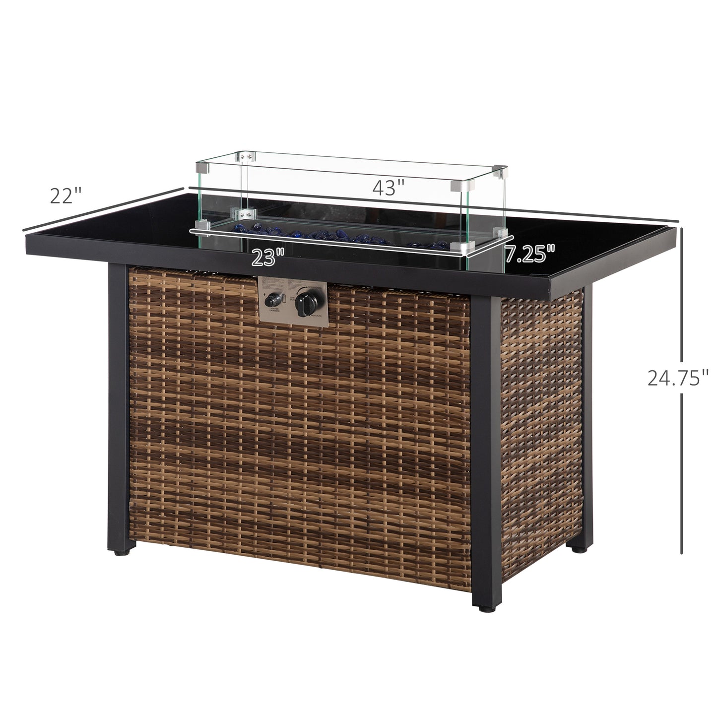 Outsunny Propane Fire Pit Table 43in Outdoor Fire Table, 50,000 BTU Pulse-Ignition Wicker Firepit Furniture with Glass Wind Guard, Blue Glass Rock, CSA Certification, Black