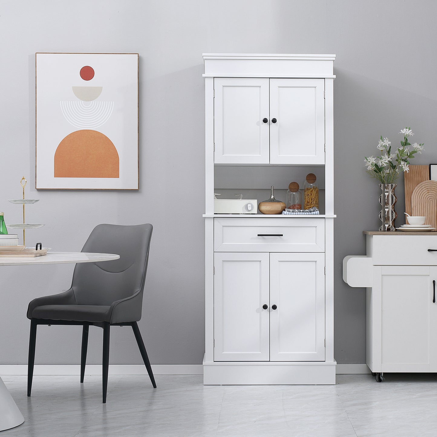 HOMCOM Modern Freestanding Kitchen Pantry Cabinet Cupboard with Doors Open Shelves Adjustable Shelving Microwave Space, White