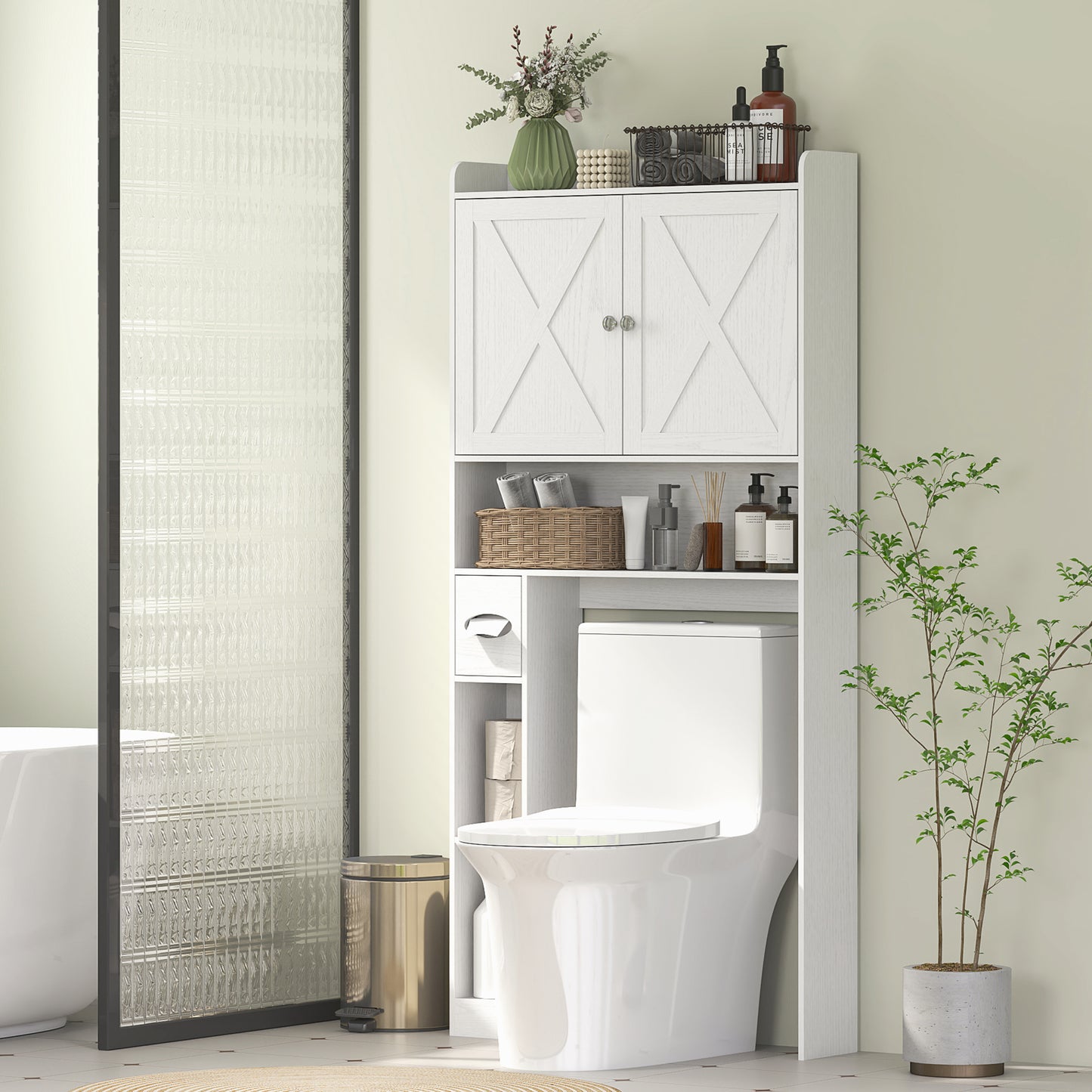 HOMCOM Farmhouse Over the Toilet Cabinet with Barn Doors, Over the Toilet Storage Cabinet with Adjustable Shelf, White
